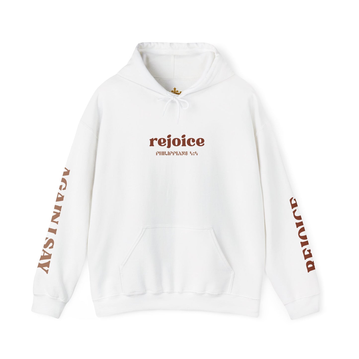 White hoodie featuring 'Rejoice in the Lord sweatshirt' design with Philippians 4:4 text on sleeves