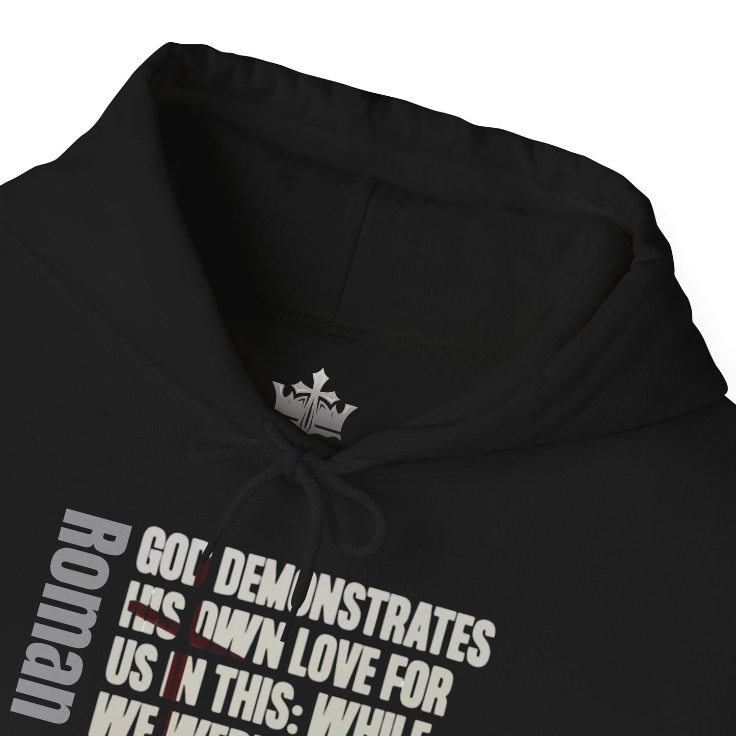 Black Logos Romans 5:8 hoodie with faith-based text design on front and hood drawstrings
