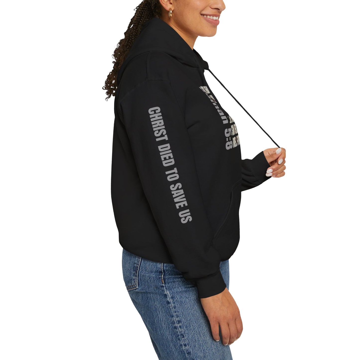 Black Romans 5:8 faith hoodie by Logos with Christ Died To Save Us text on sleeve