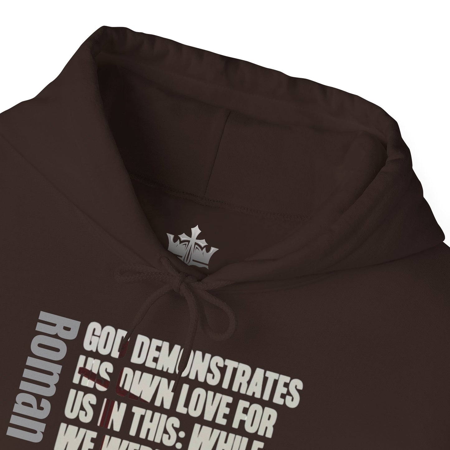 Romans 5:8 hoodie in brown with religious text design and adjustable hood strings