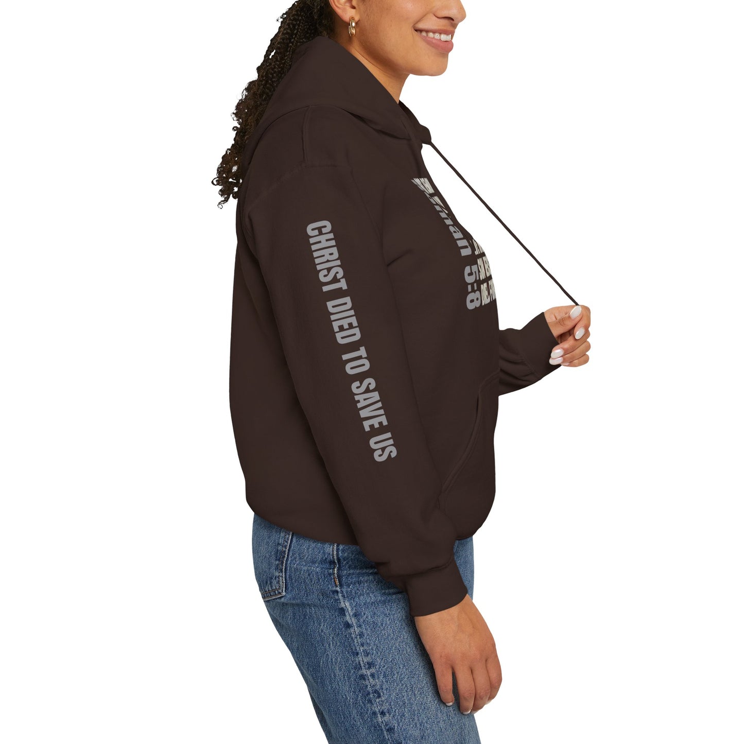 Romans 5:8 hoodie in brown with religious text on sleeve and front