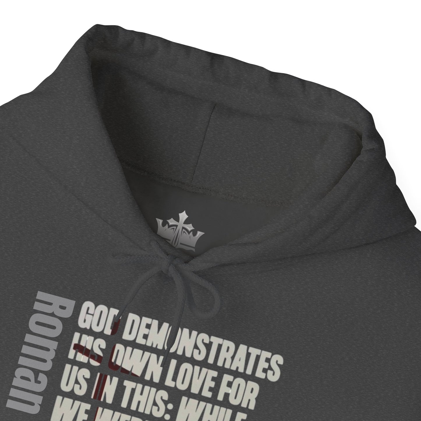 Dark Heather Romans 5:8 hoodie by Logos Co. with inspirational religious text and adjustable drawstring hood