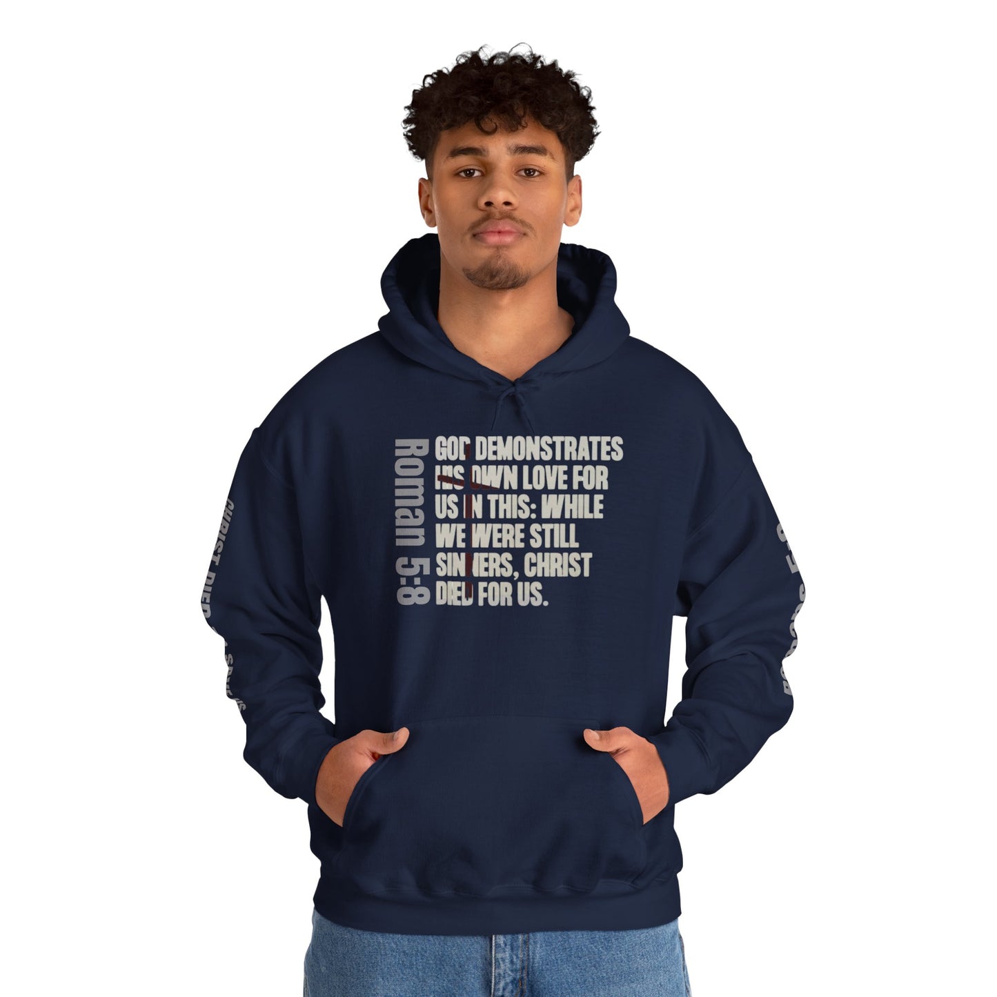 Navy blue Romans 5:8 hoodie from Logos Co. with biblical text design on front and sleeves