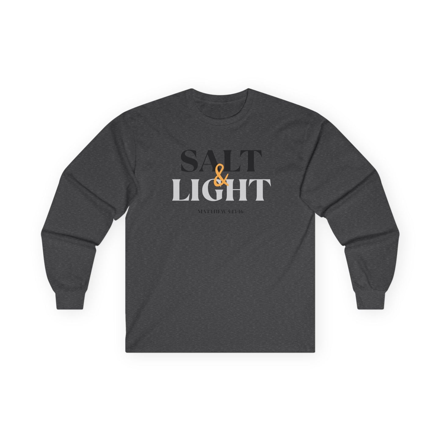 Salt and Light Bible verse long sleeve shirt in dark gray with a modern design