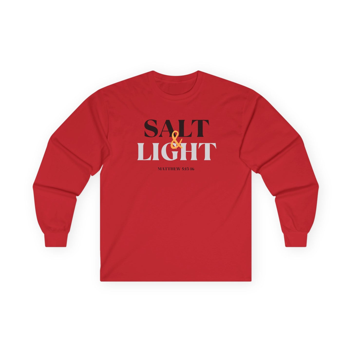 Red Salt and Light Bible verse long sleeve shirt featuring Matthew 5:13-16 for a stylish faith statement