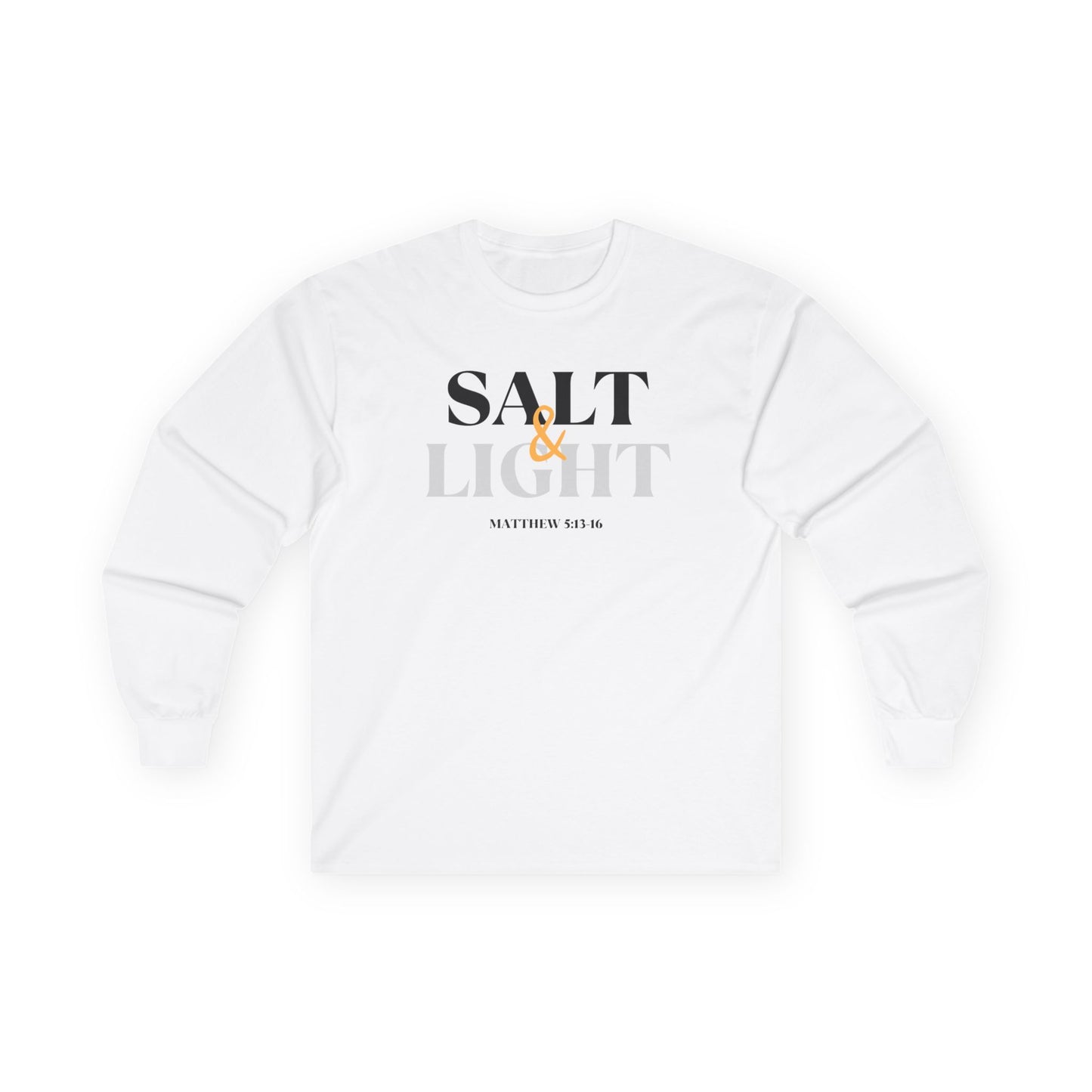 White Salt and Light Bible verse long sleeve shirt featuring Matthew 5:13-16 design