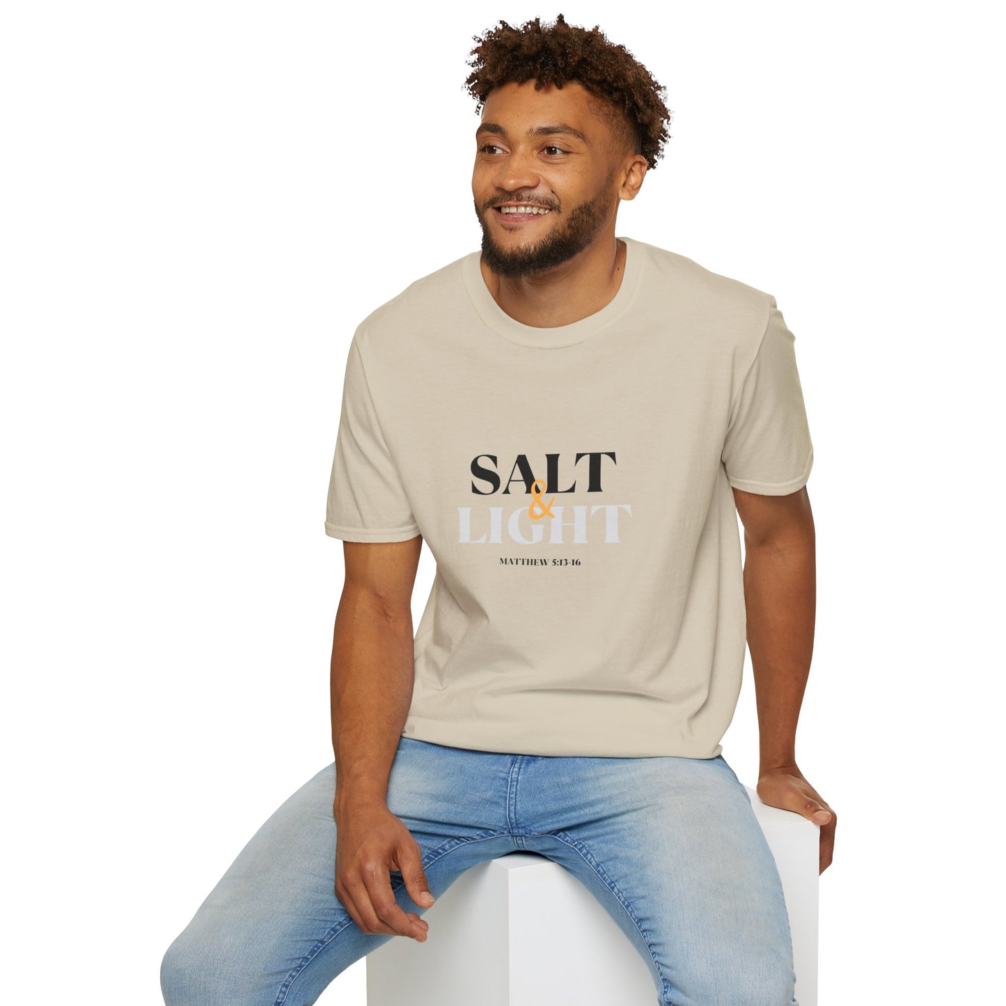 Salt & Light Christian Men's graphic shirt in beige with bold text design