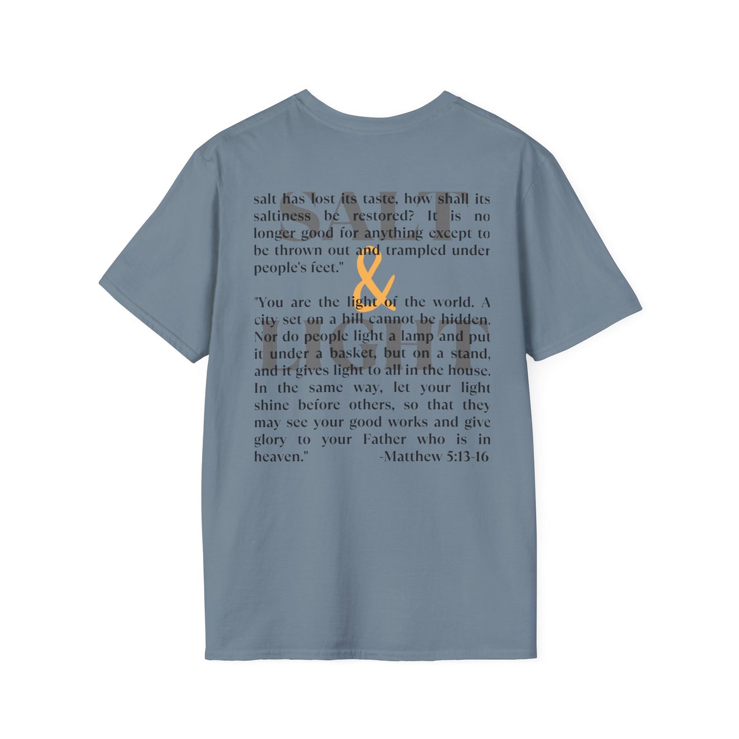 Salt & Light Christian Men's graphic t-shirt in blue featuring Matthew 5:13-16 quote and lamp design
