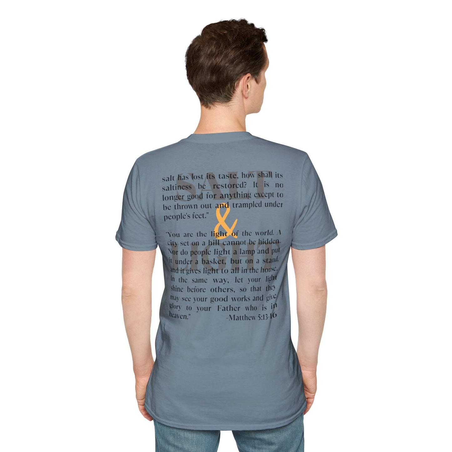 Salt & Light Christian Men's graphic t-shirt in blue with inspirational Bible verse on the back