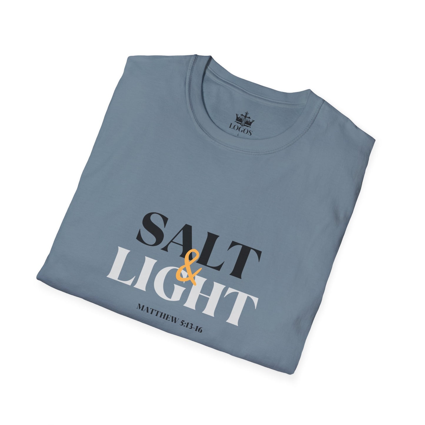 Salt & Light Christian Men's graphic t-shirt in blue featuring a bold design with Matthew 5:13-16
