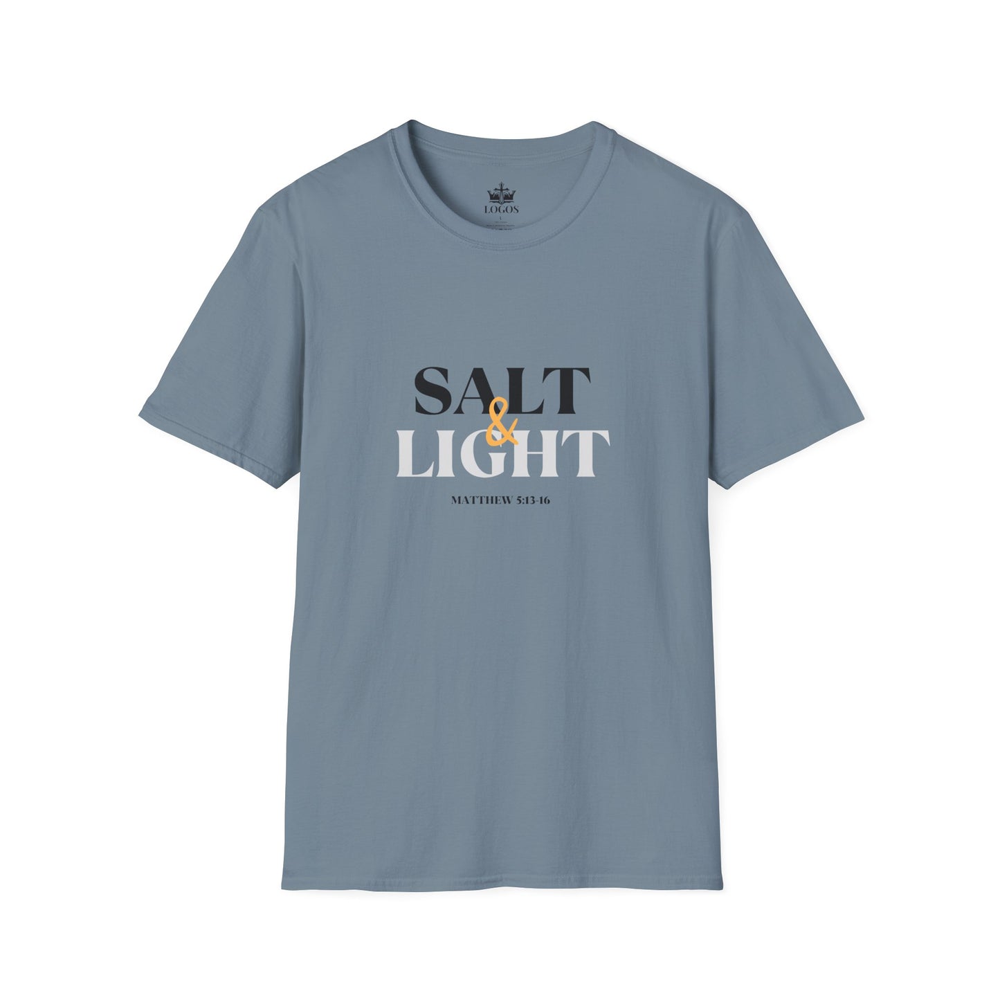 Salt & Light Christian Men's graphic t-shirt in blue featuring Matthew 5:13 text design