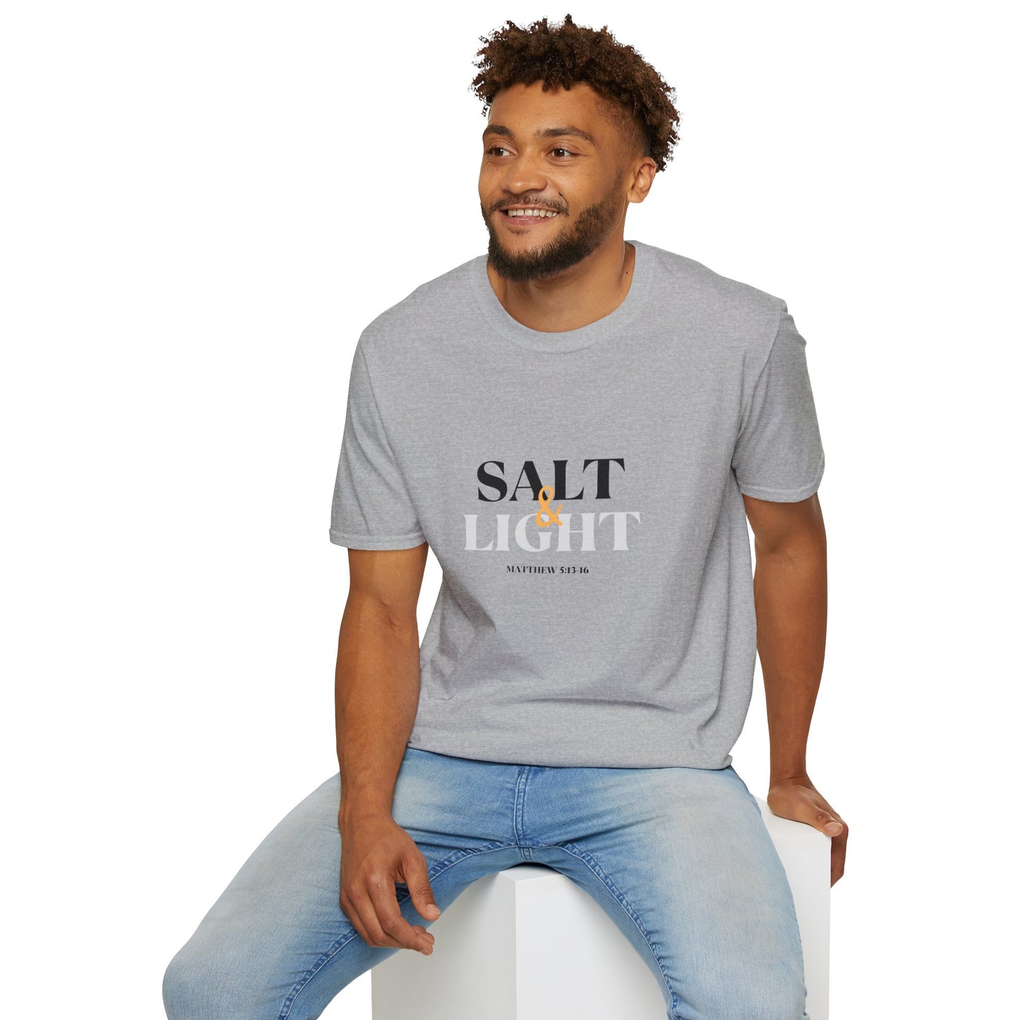 Salt & Light Christian Men's graphic t-shirt in gray with bold lettering and a stylish design