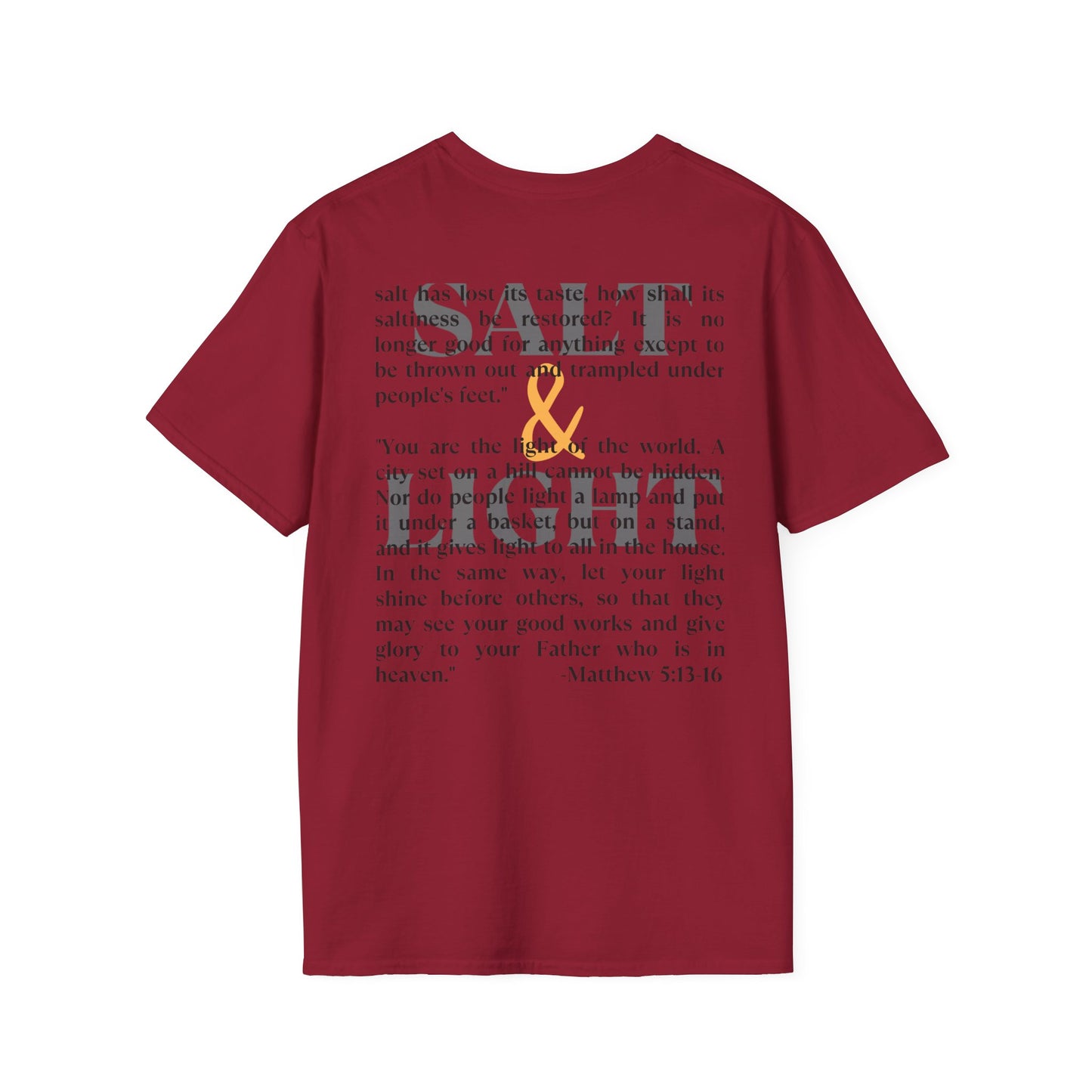 Salt & Light Christian Men's graphic t-shirt in burgundy with inspirational print on back