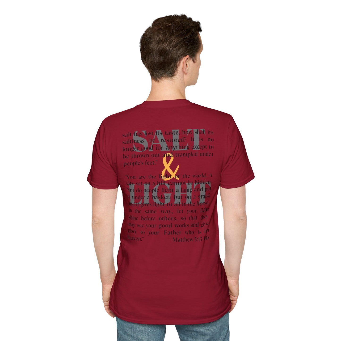 Salt & Light Christian Men's graphic t-shirt in maroon with stylish text and design