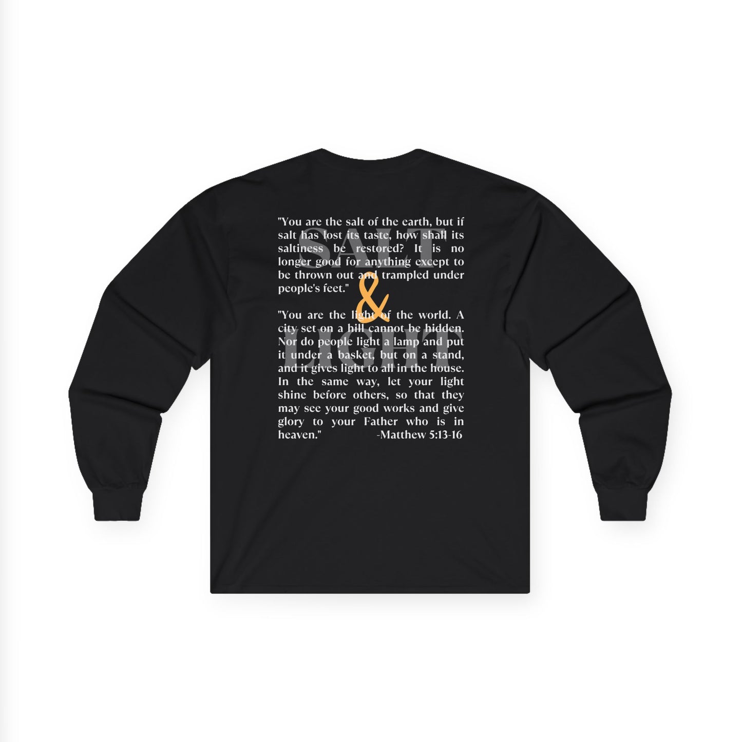 Salt and Light men's tee featuring a meaningful quote on the back in black long-sleeve design