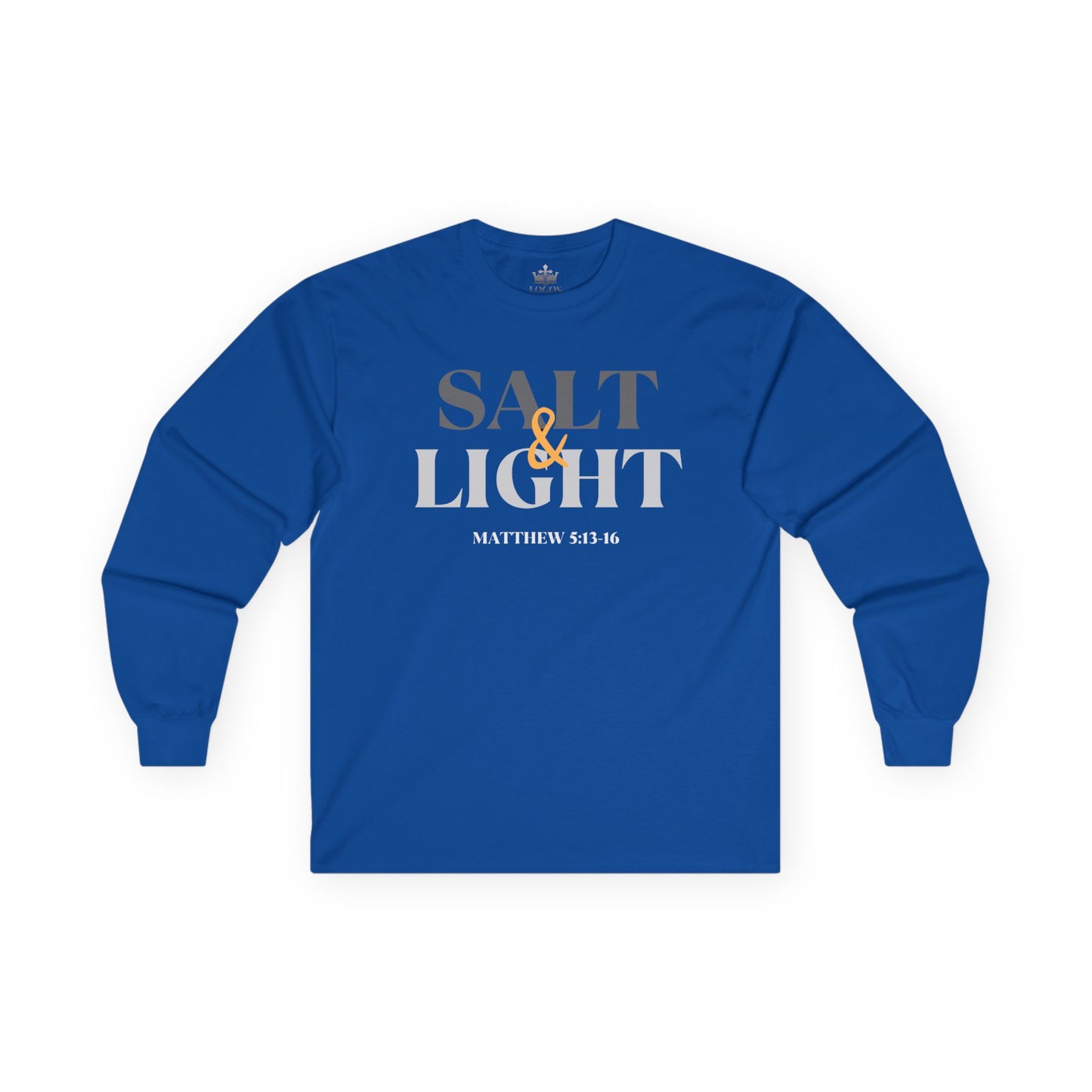 Salt and Light men's tee in blue with inspirational Matthew 5:13-16 design for casual wear