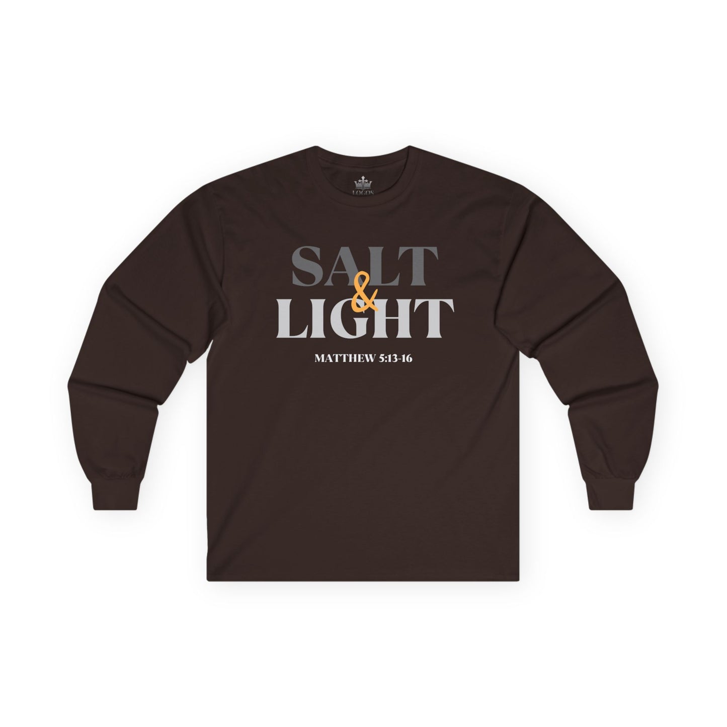 Salt and Light men's tee in dark brown with Matthew 5:13-16 printed design