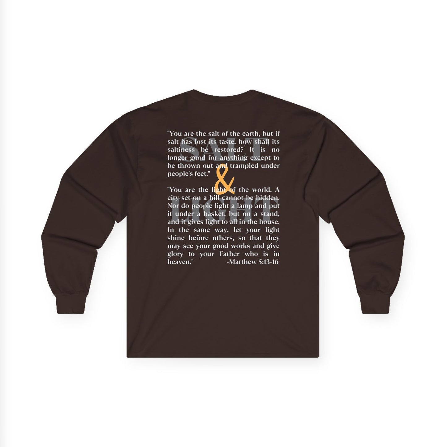 Salt and Light men's tee in brown featuring a bible verse and inspirational design