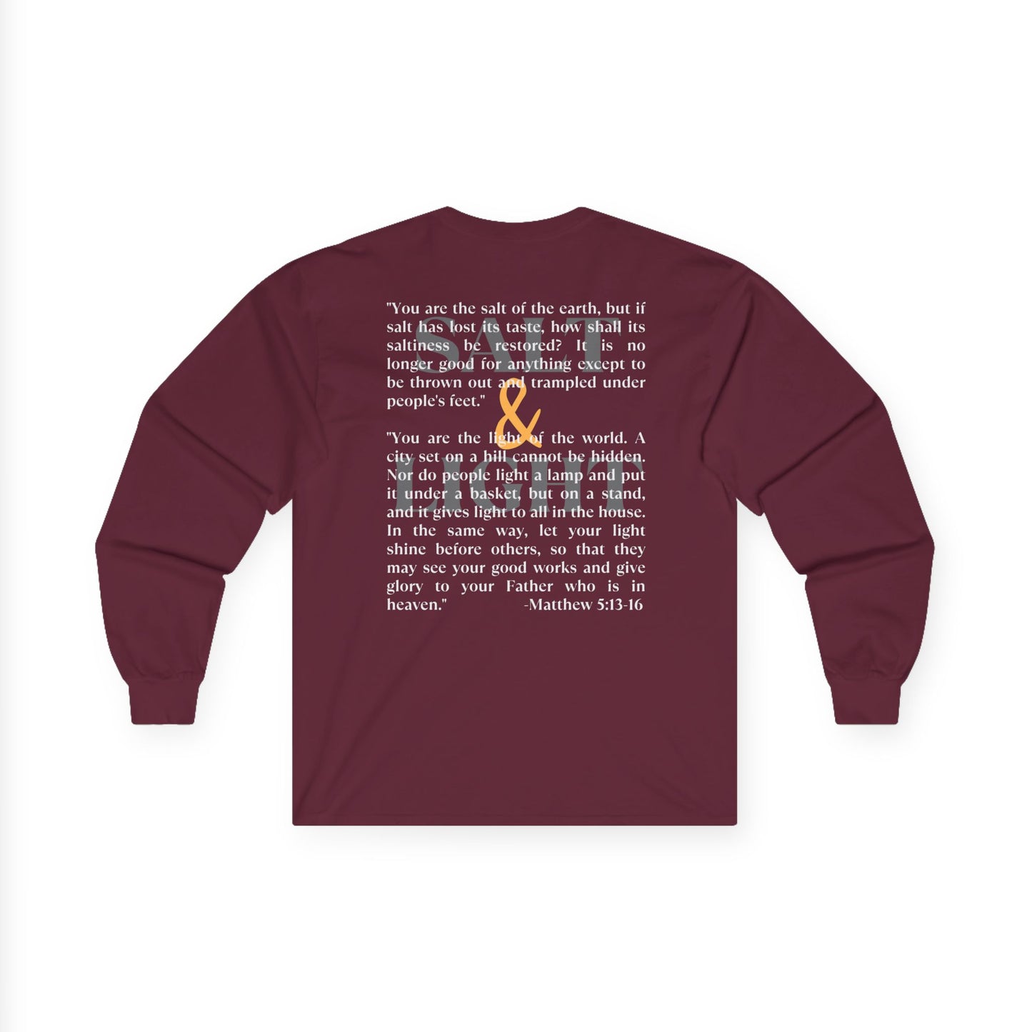 Salt and Light men's tee in maroon featuring inspirational quote and long sleeves for comfort and style