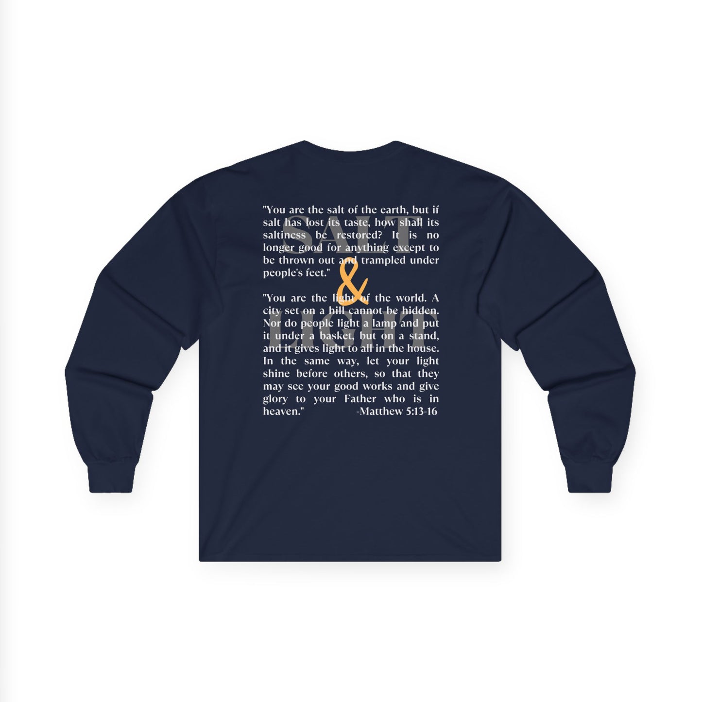 Salt and Light men's tee with inspirational Matthew 5:13-16 quote on a navy long-sleeve shirt