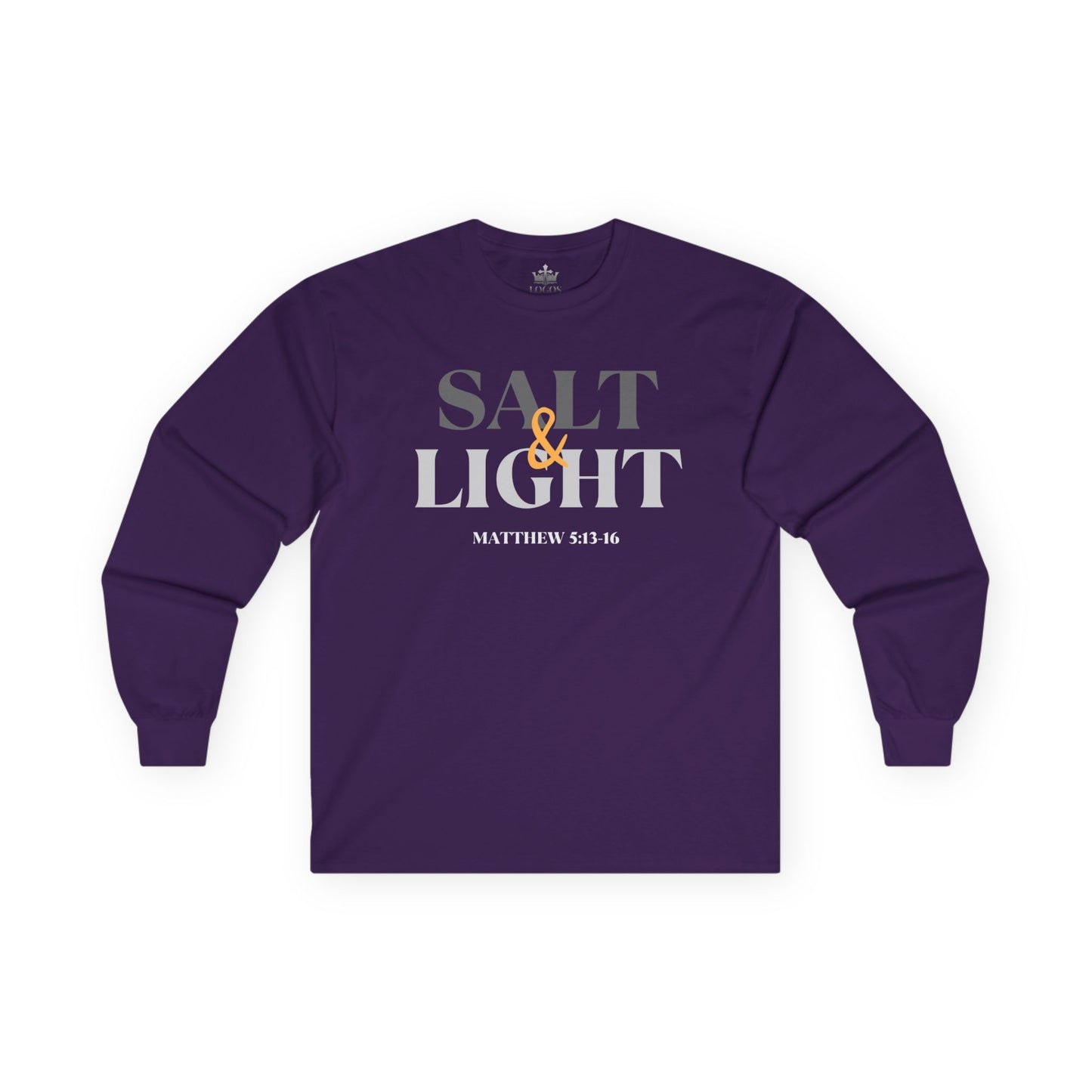 Salt and Light men's tee in purple with scripture reference Matthew 5:13-16 printed on the front