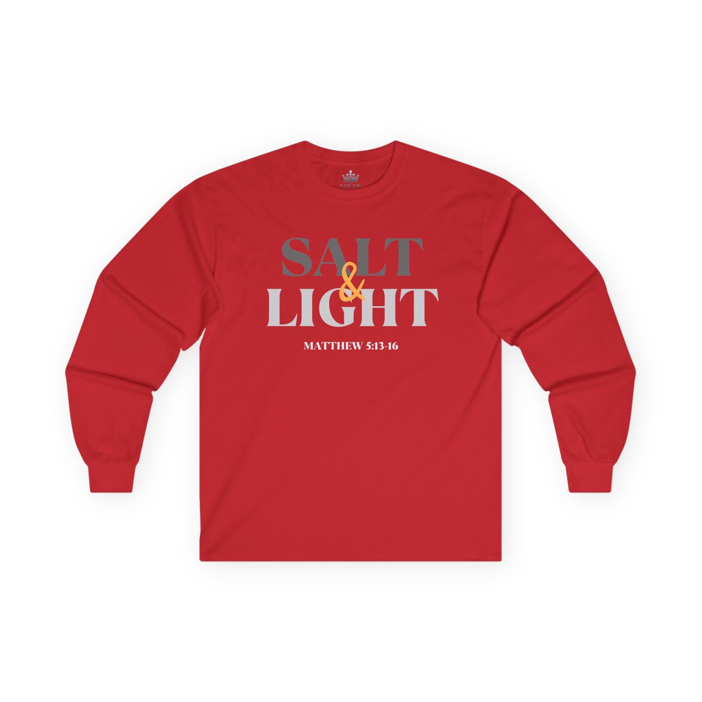 Red long-sleeve Salt and Light men's tee featuring inspirational text from Matthew 5:13-16