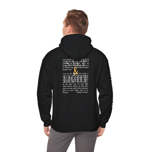 Black Salt and Light scripture hoodie with printed Bible verse and yellow salt and light graphic on back