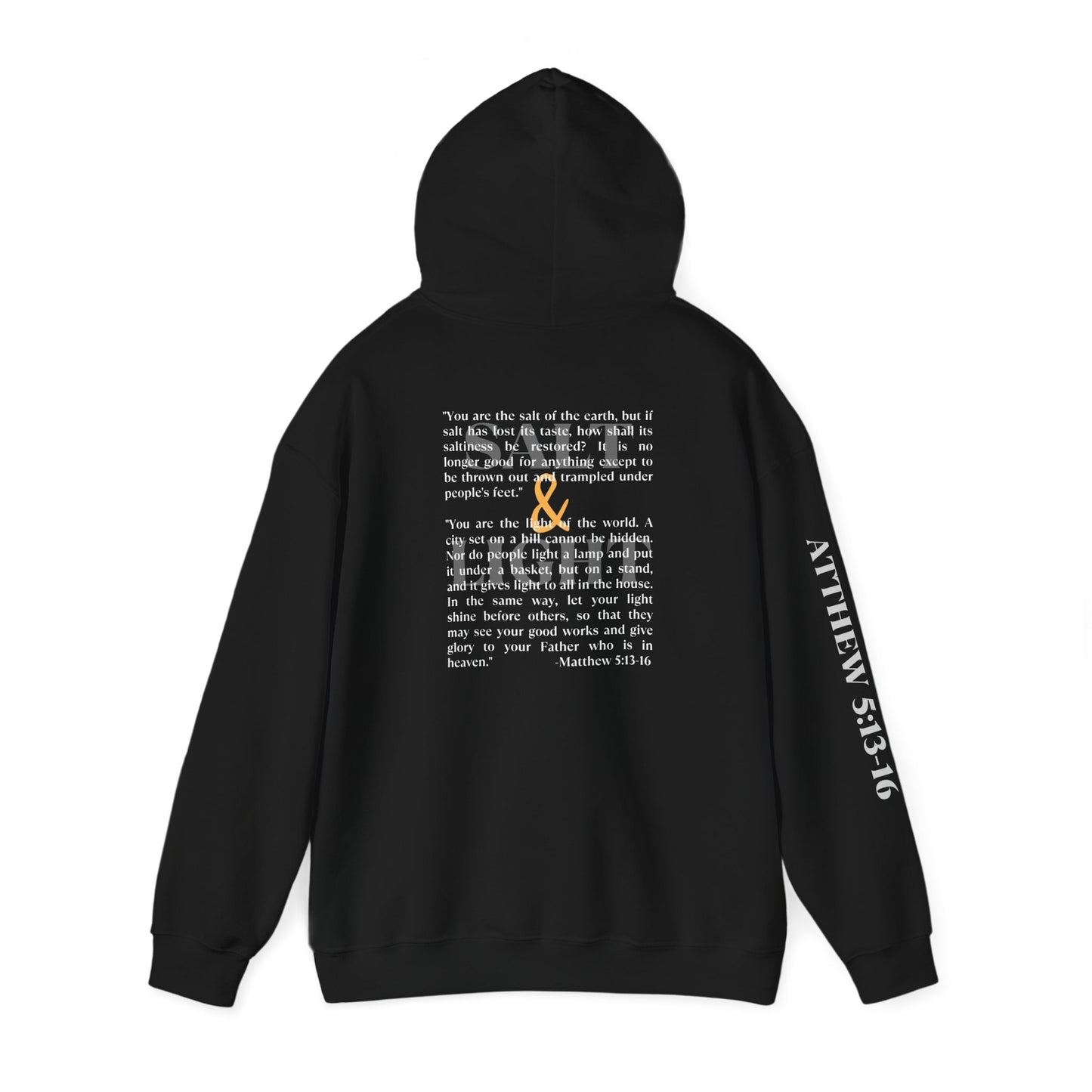 Salt and Light black hoodie displaying the back design with the Matthew 5:13-16 Scripture verse