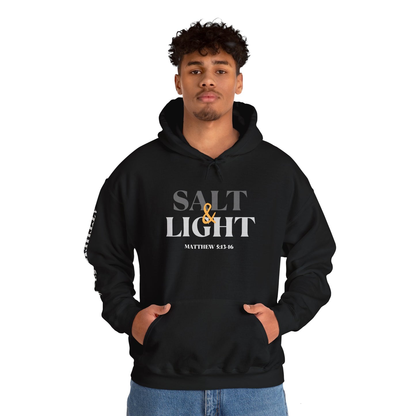 Black Salt and Light scripture hoodie with Matthew 5 13-16 text worn by man