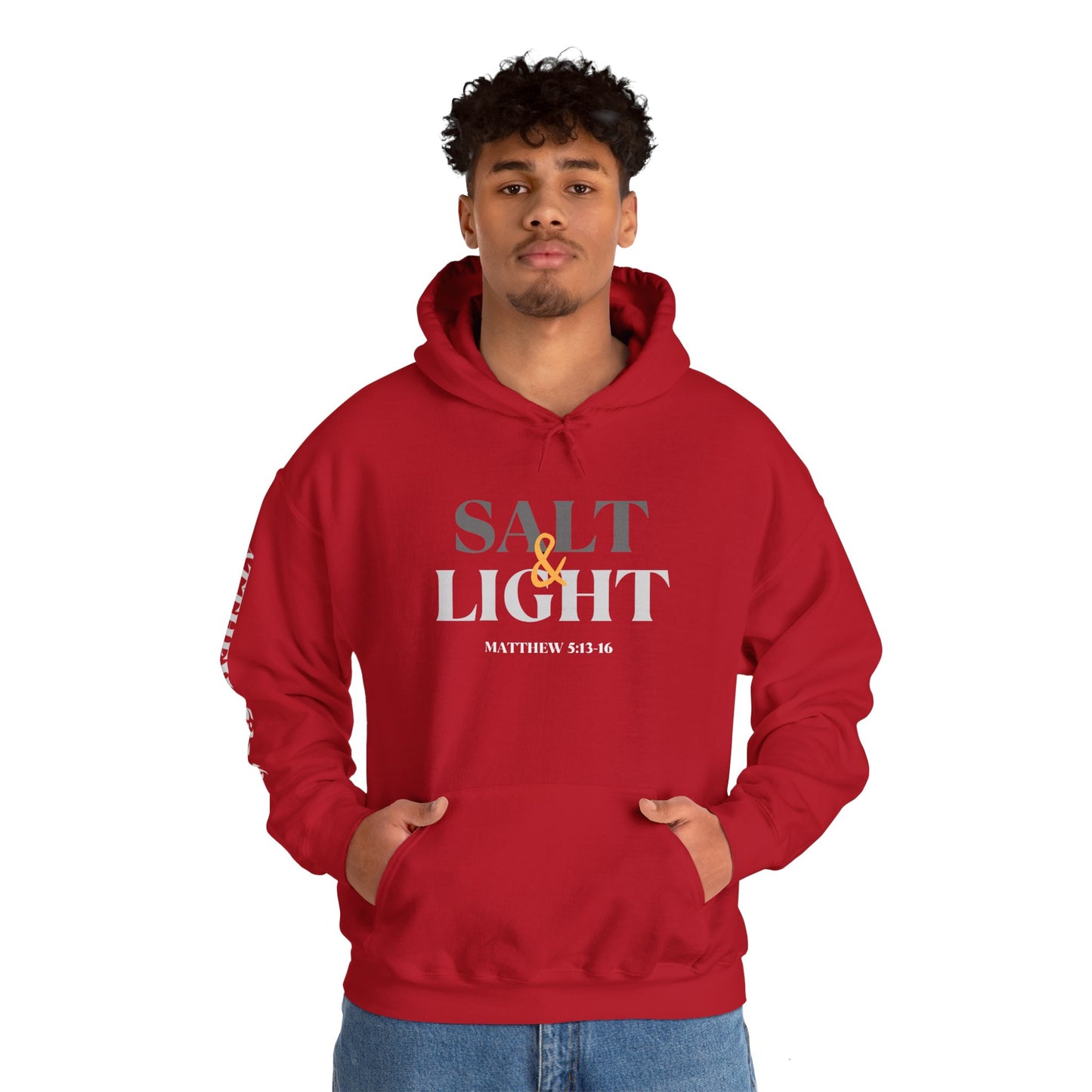 Salt and Light Men's scripture hoodie in red with a front, back, and sleeve design