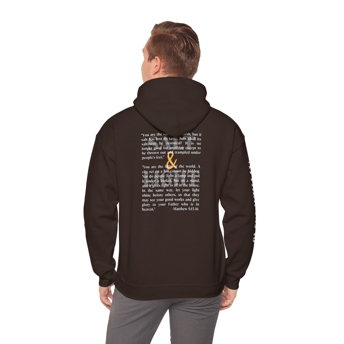 Dark Chocolate Salt and Light scripture hoodie by Logos Co. featuring faith-based text and a glowing light design on the back