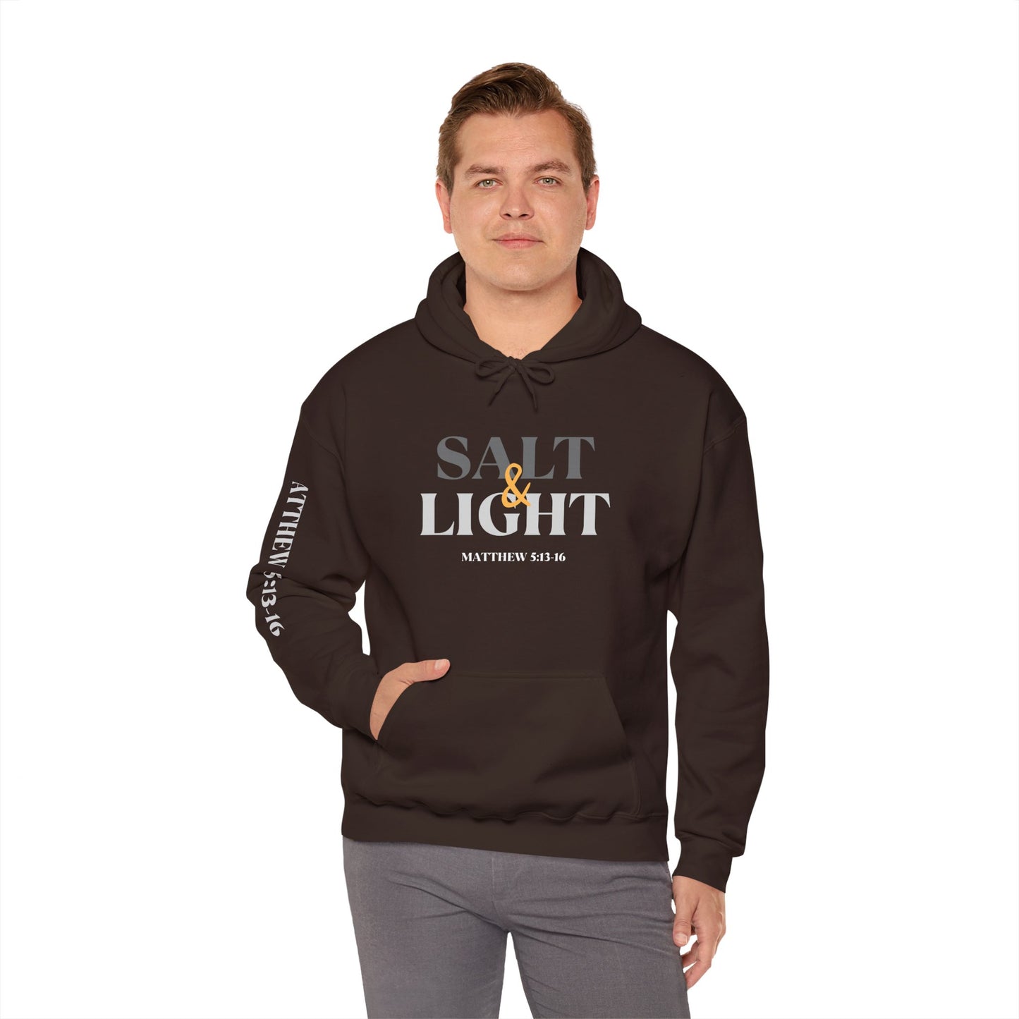Salt and Light scripture hoodie in brown with Matthew 5 13-16 design on front and sleeve