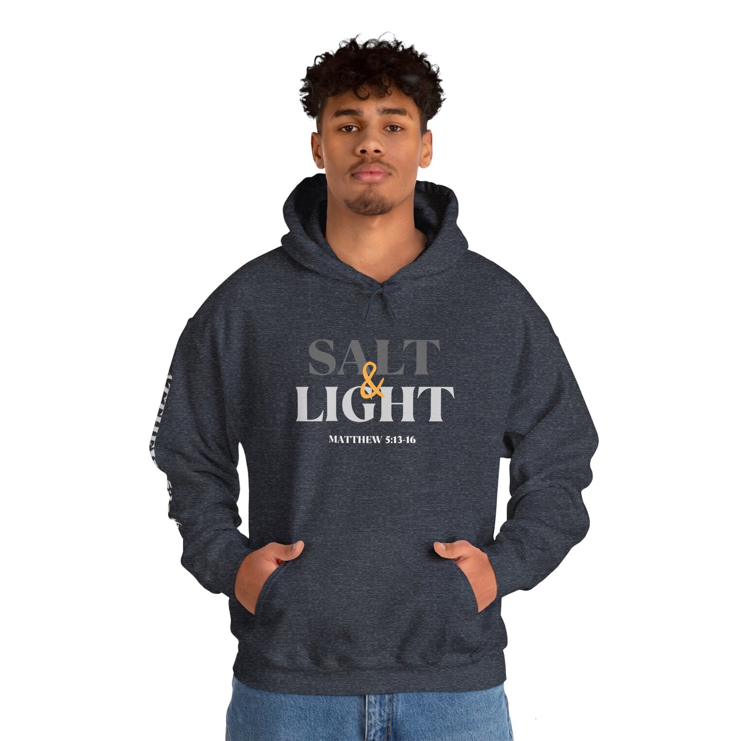 Men's Salt and Light scripture hoodie in Heather Sport Dark Gray featuring Matthew 5:13-16 on the sleeve