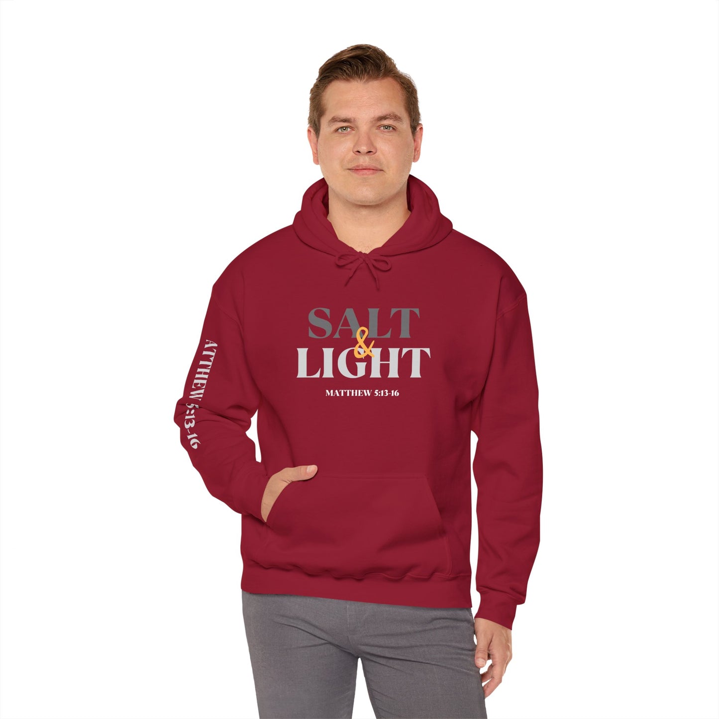 Salt and Light men's scripture hoodie in Cardinal Red with a front, back, and sleeve design