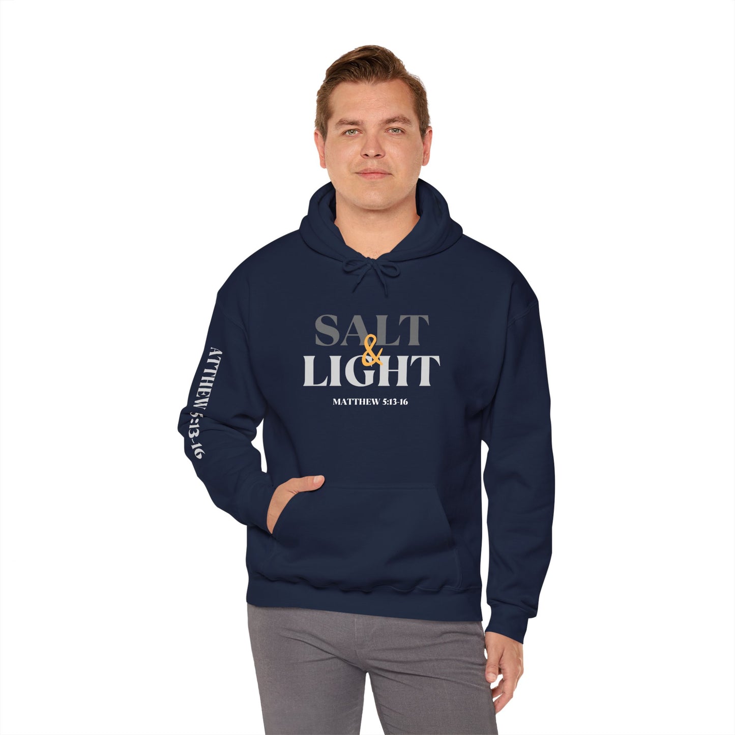 Navy Salt and Light scripture hoodie by Printify with Matthew 5:13-16 verse printed on front and sleeve