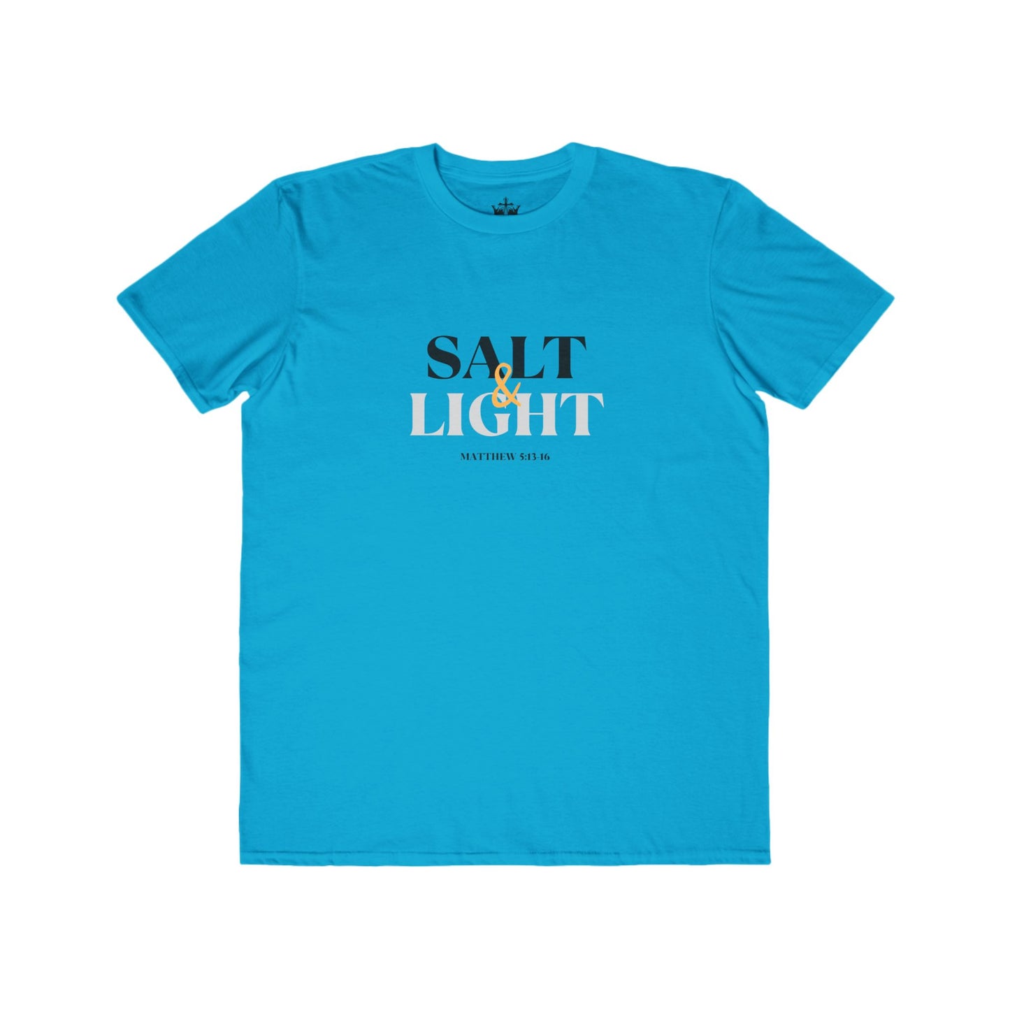 Bright blue Salt & Light scripture shirt featuring Matthew 5:13-16 for casual wear