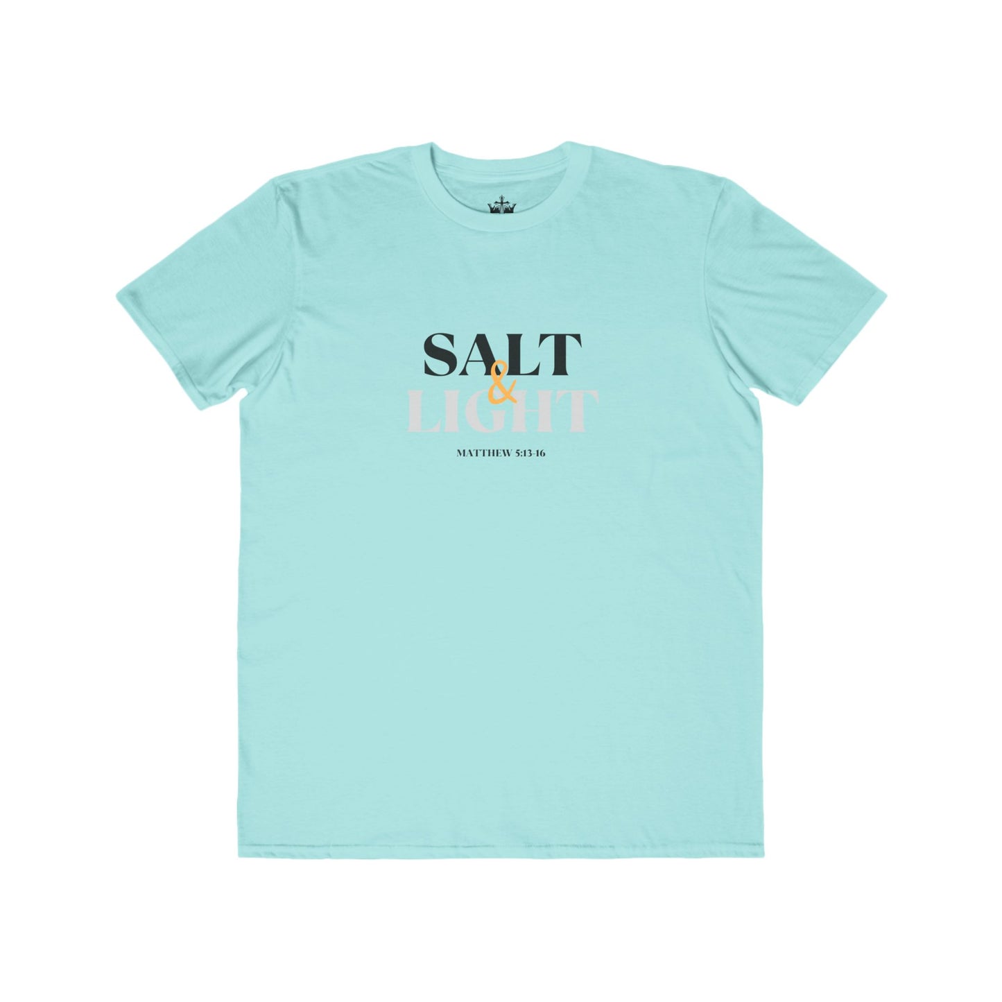 Light blue Salt & Light scripture shirt featuring Matthew 5:14 for inspirational wear