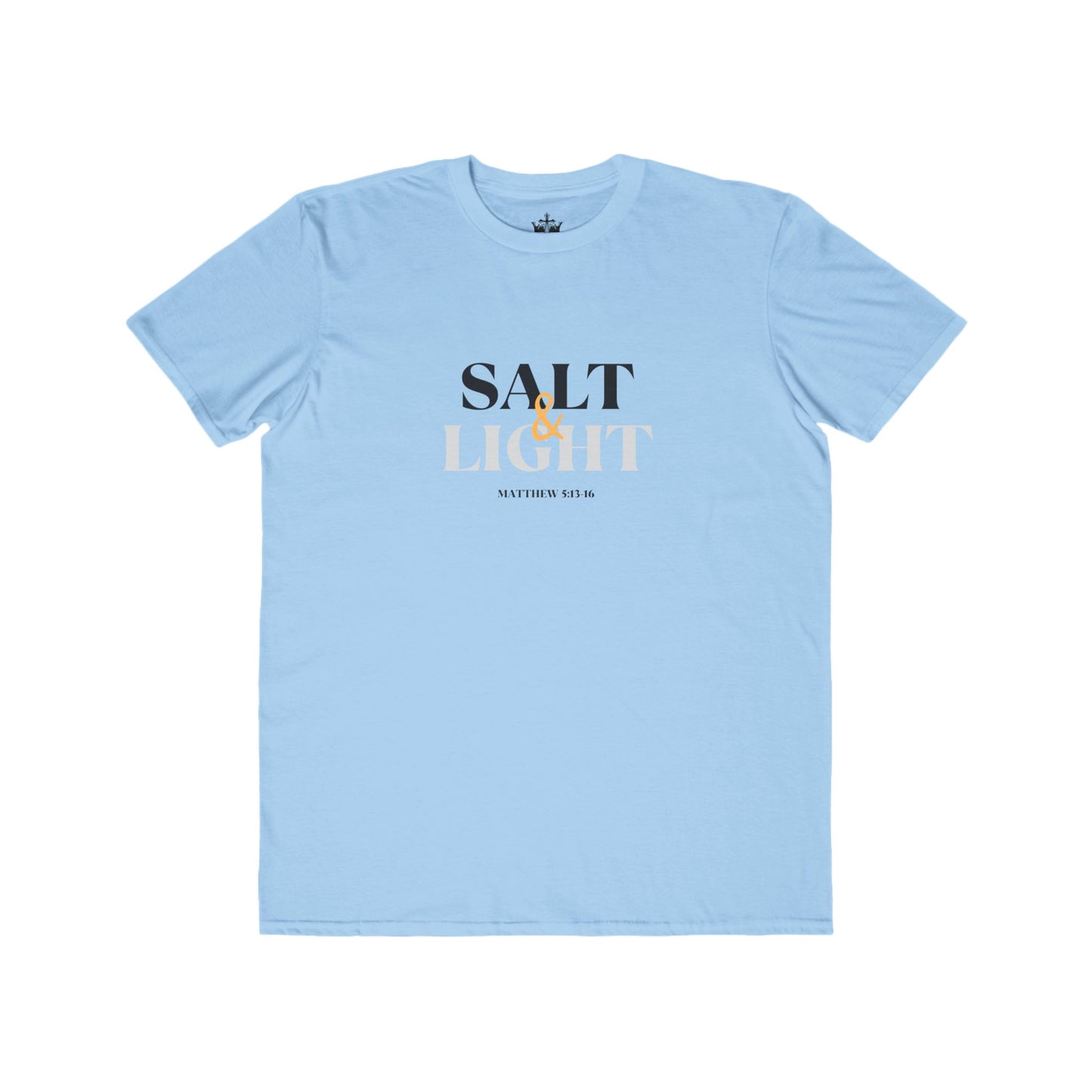 Light blue Salt & Light scripture shirt featuring Matthew 5:16 in stylish typography
