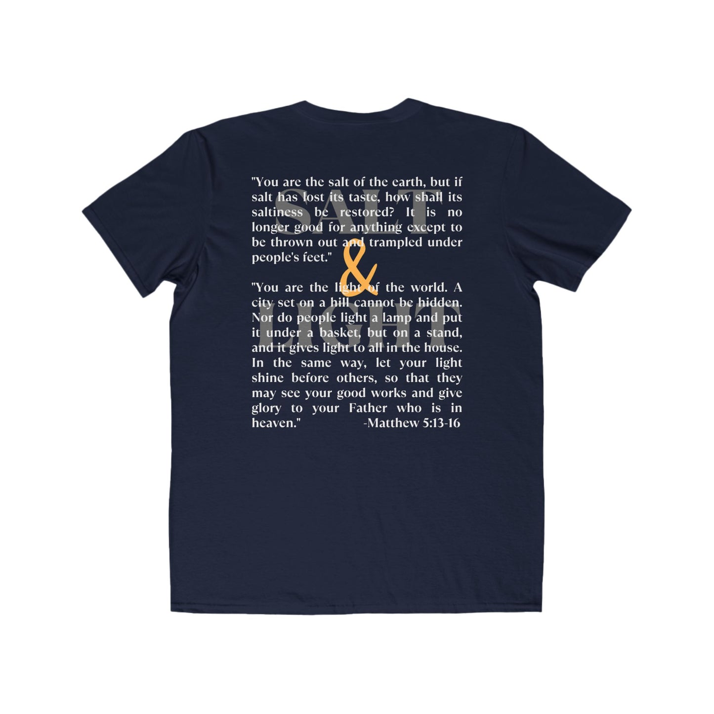 Navy Salt and Light scripture t-shirt with inspirational quote from Matthew 5:16