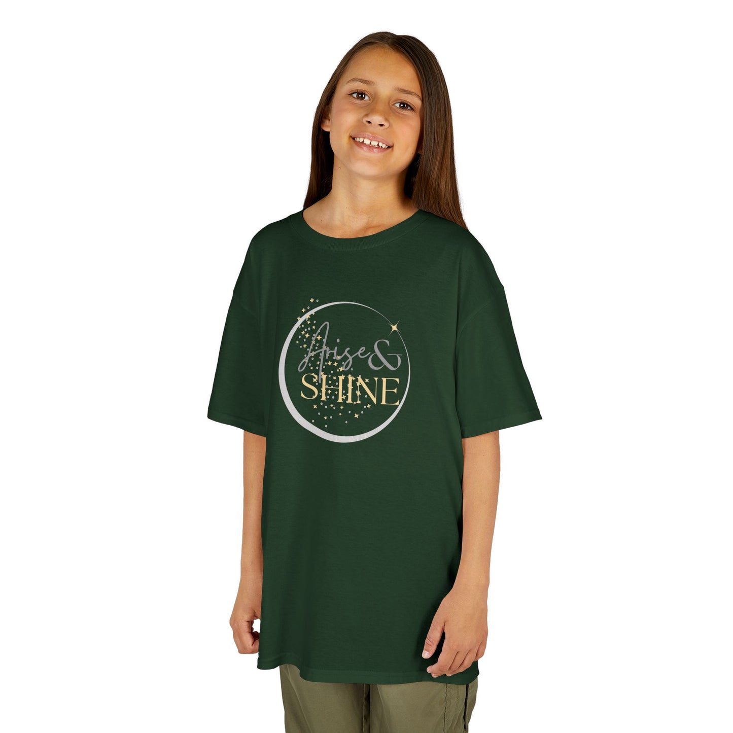 Green Scripture design junior shirt with Arise and Shine print worn by smiling girl in kids clothes