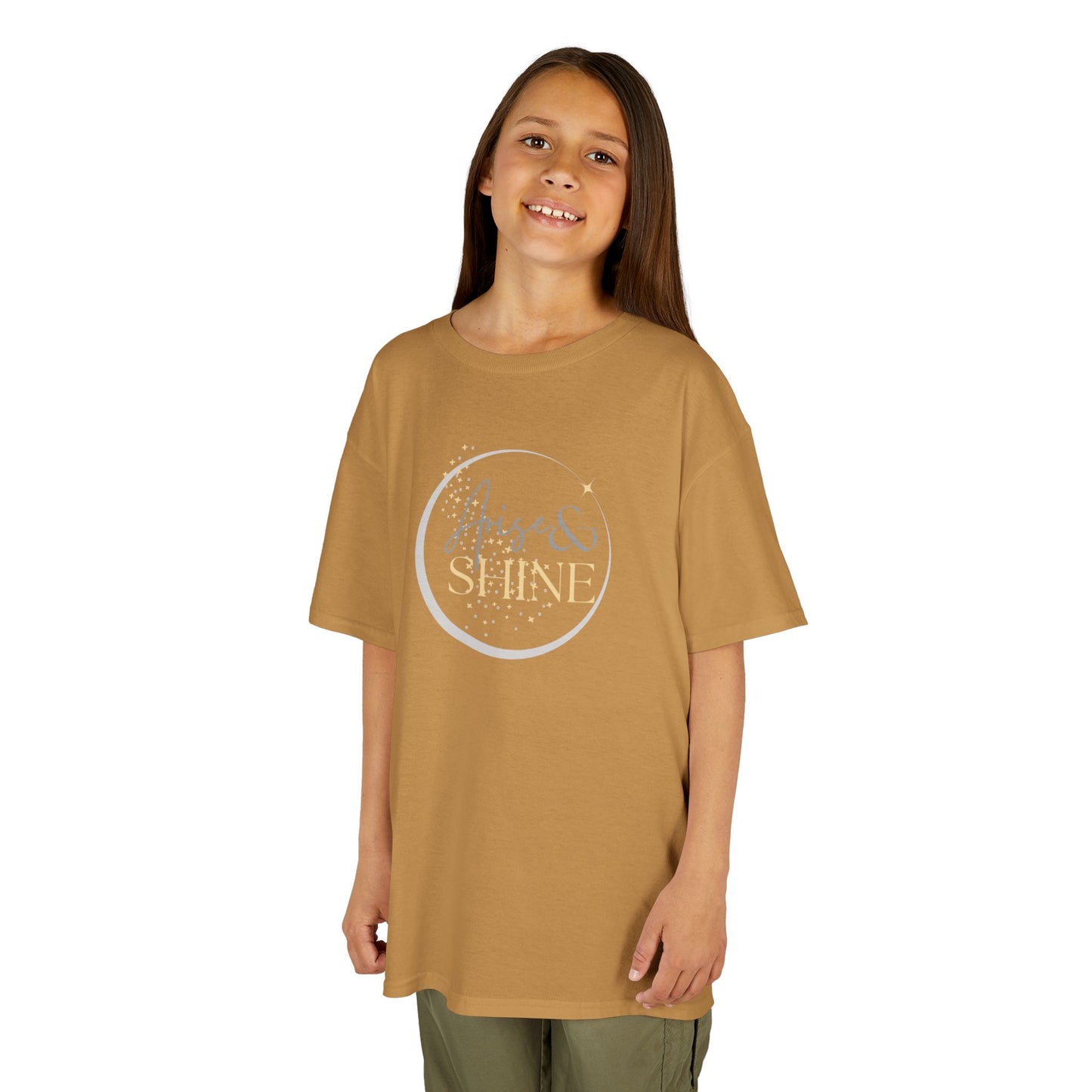 Child wearing tan Scripture design junior shirt with praise and shine graphic from Printify kids clothes