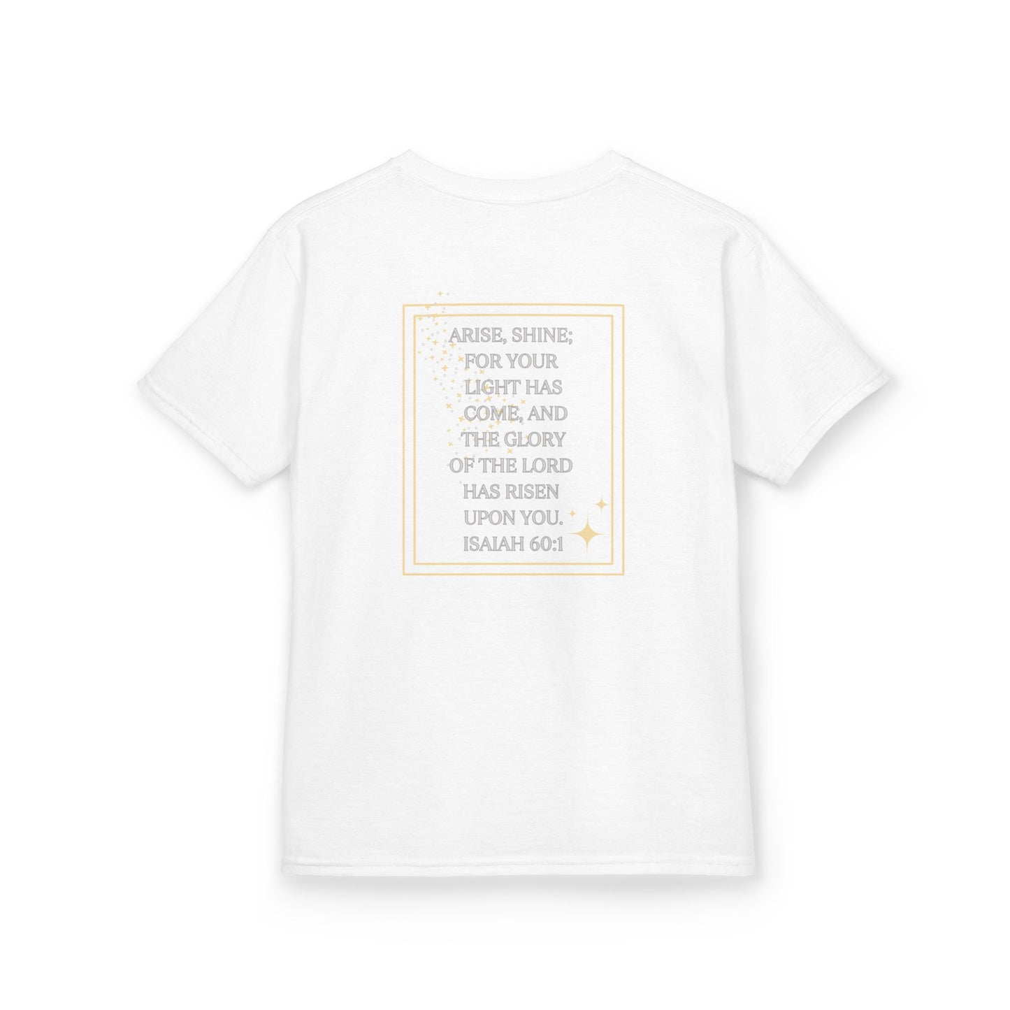 White kids shirt from Logos Co. featuring a scripture design junior shirt with Isaiah 60:1 verse
