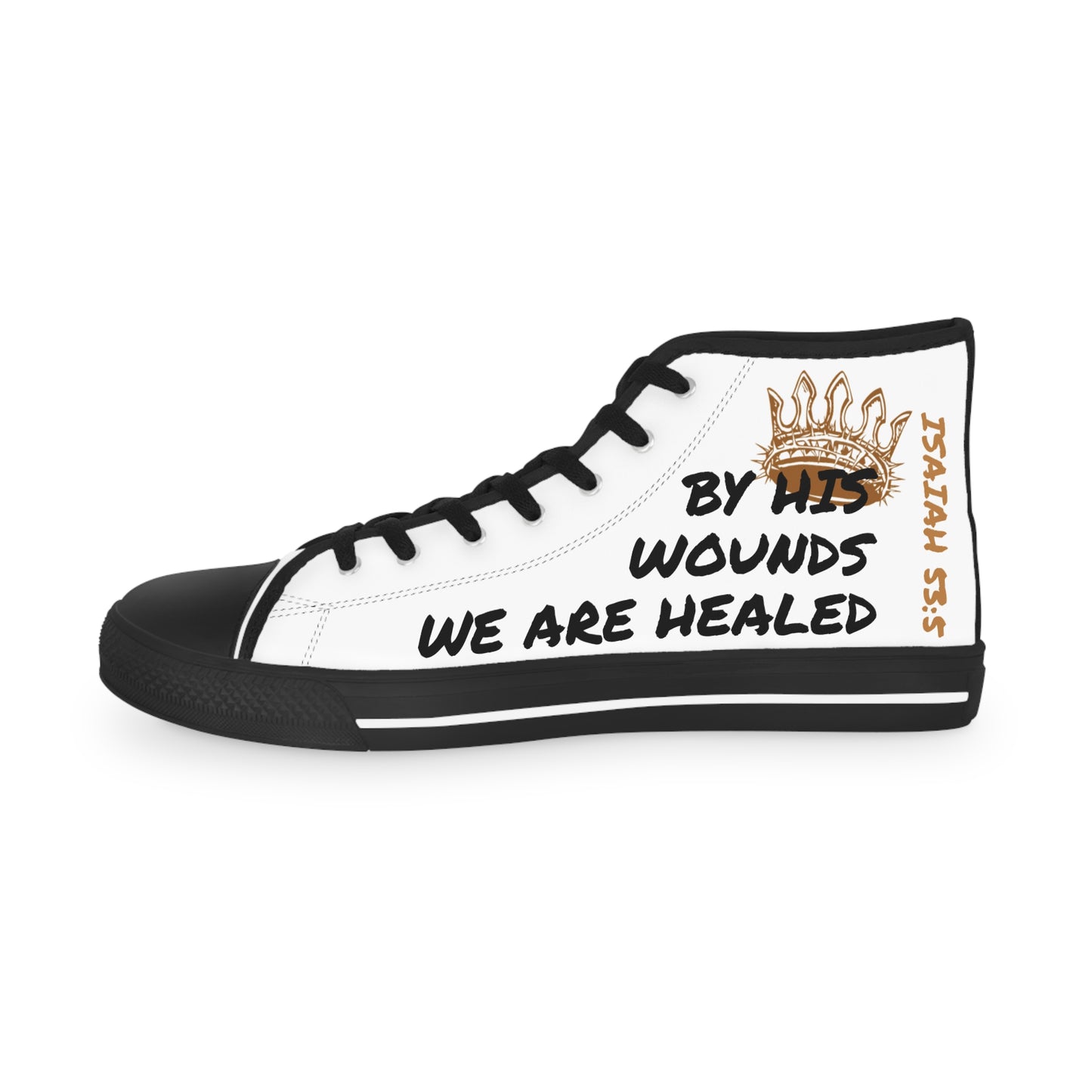 White Scripture design sneakers with black accents featuring Isaiah 53:5 text