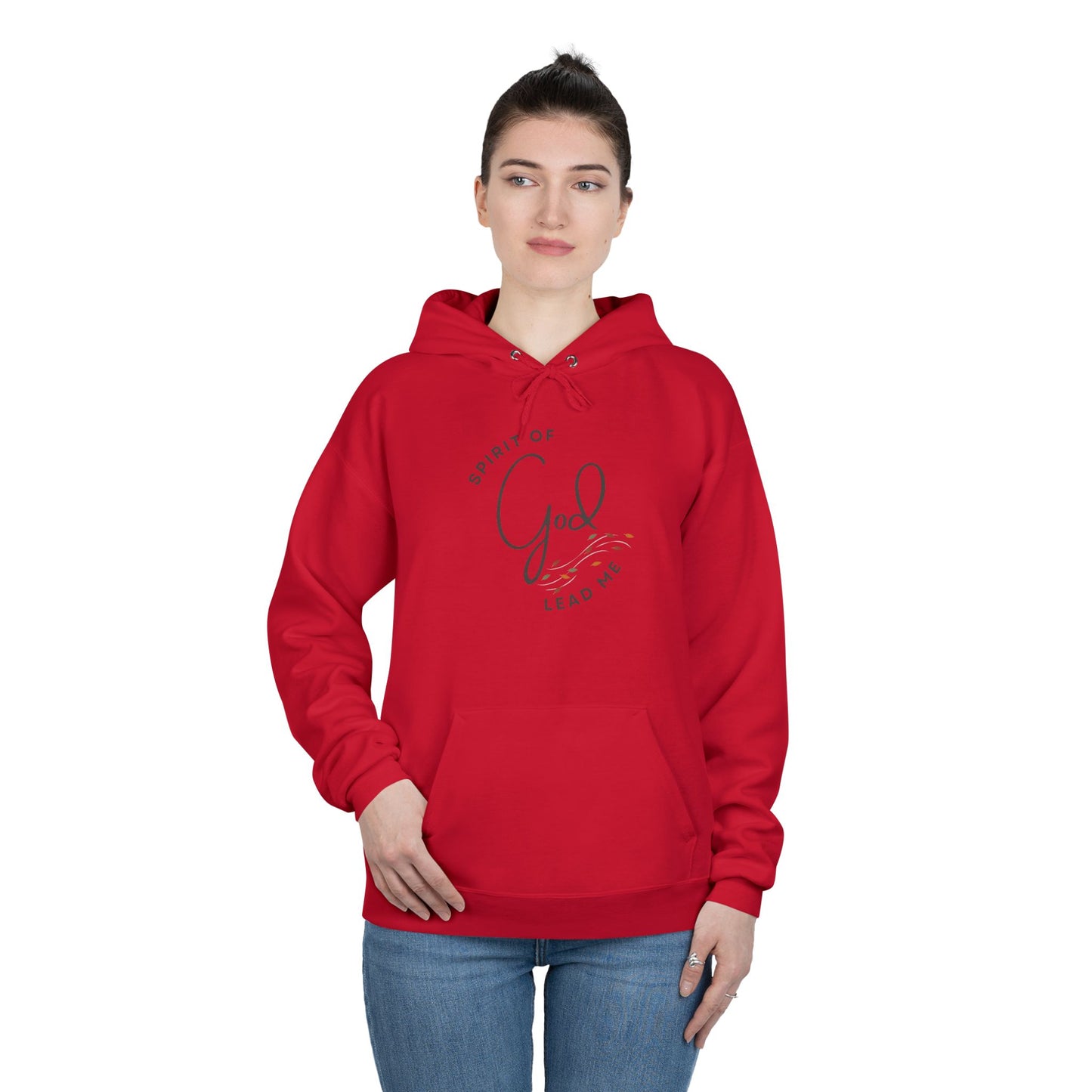 Red Spirit Lead Me hoodie with front pocket and hood worn by woman