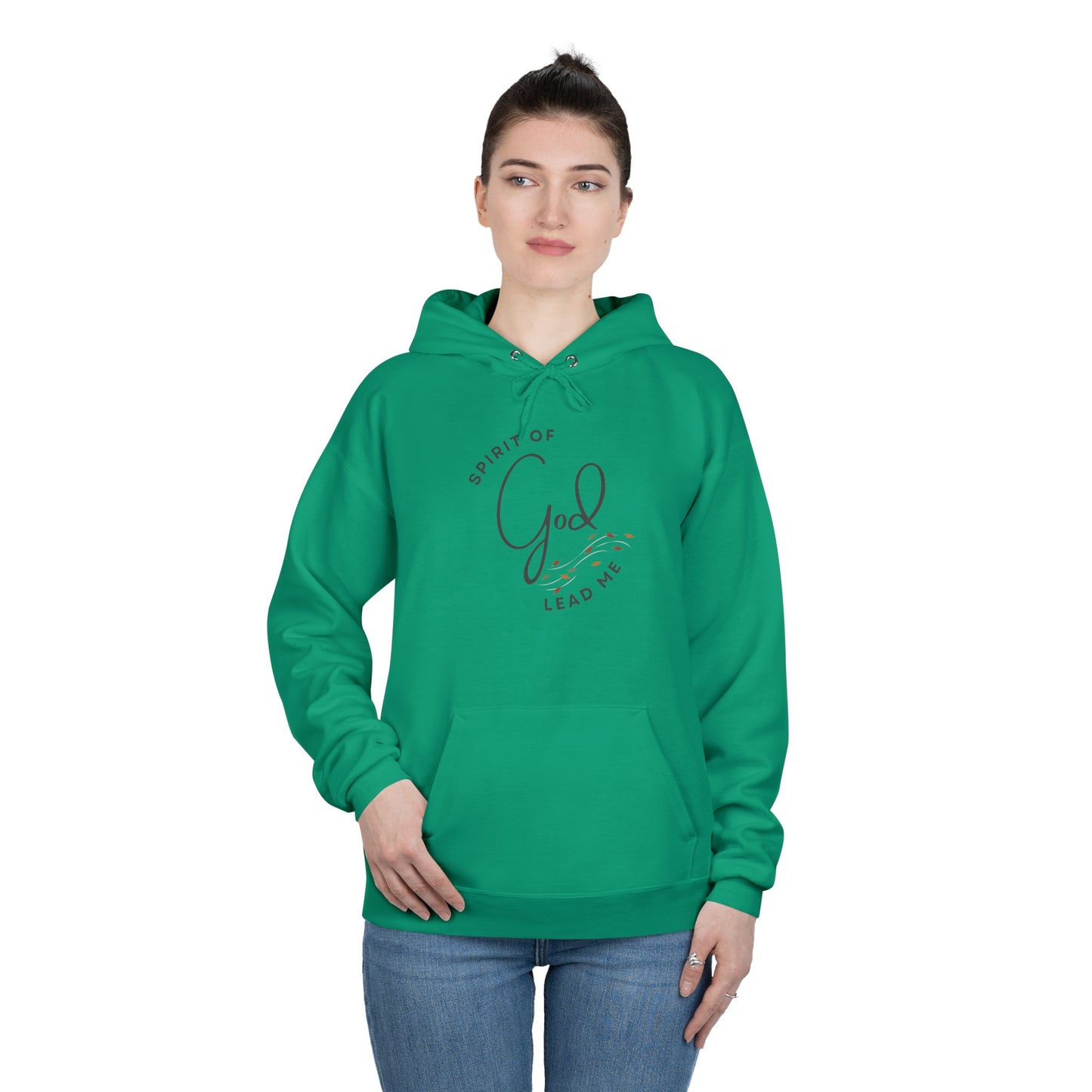 Green Spirit Lead Me hoodie with front pocket and drawstring hood worn by woman