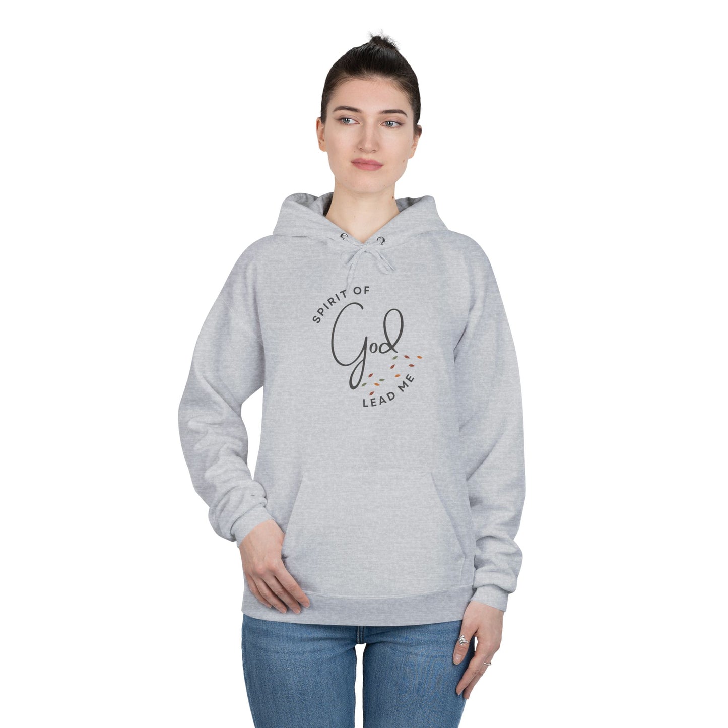 Logos Co. Spirit Lead Me hoodie in light gray worn by a woman with front spiritual design