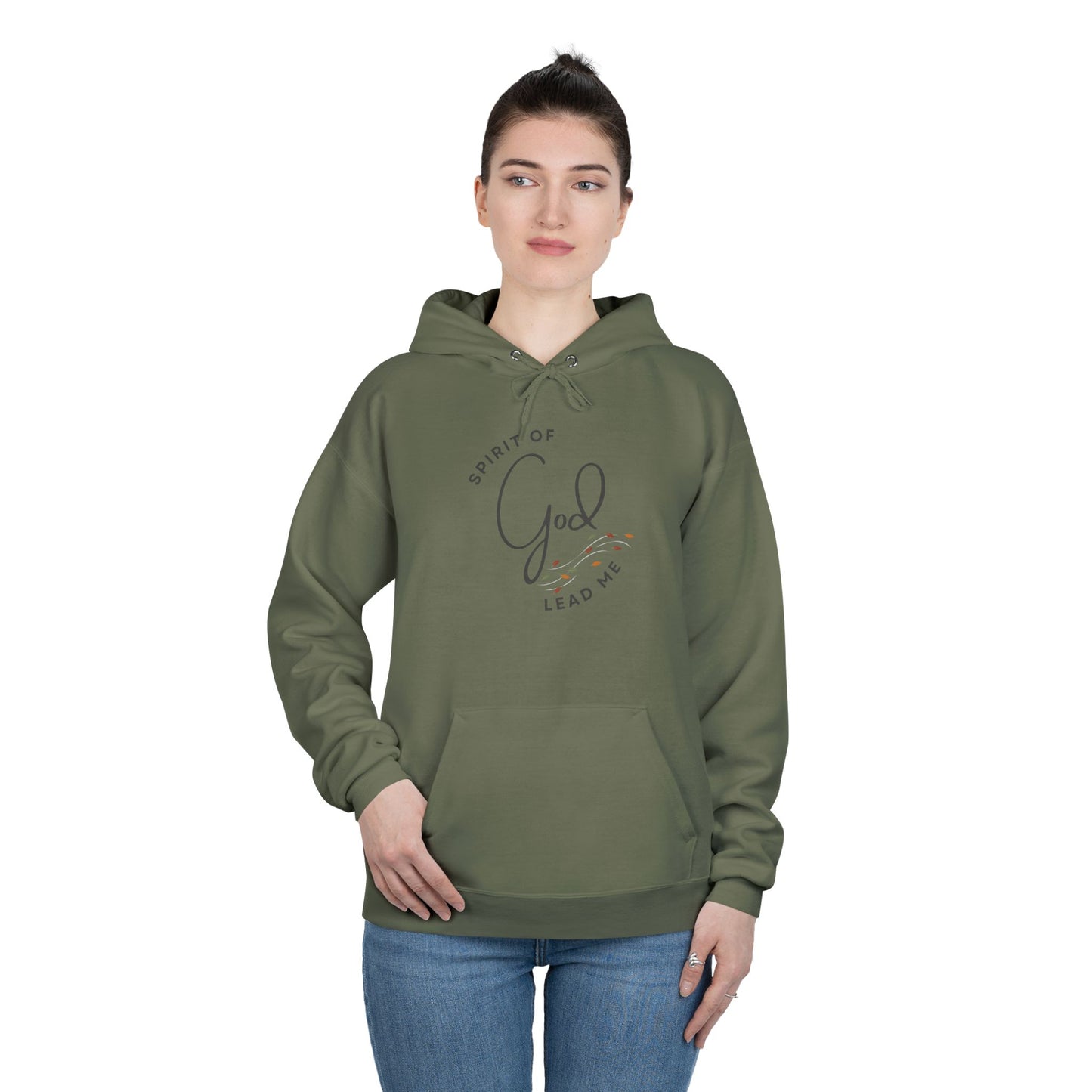 Olive green Spirit Lead Me hoodie by Logos with front pocket and drawstring hood worn by a woman