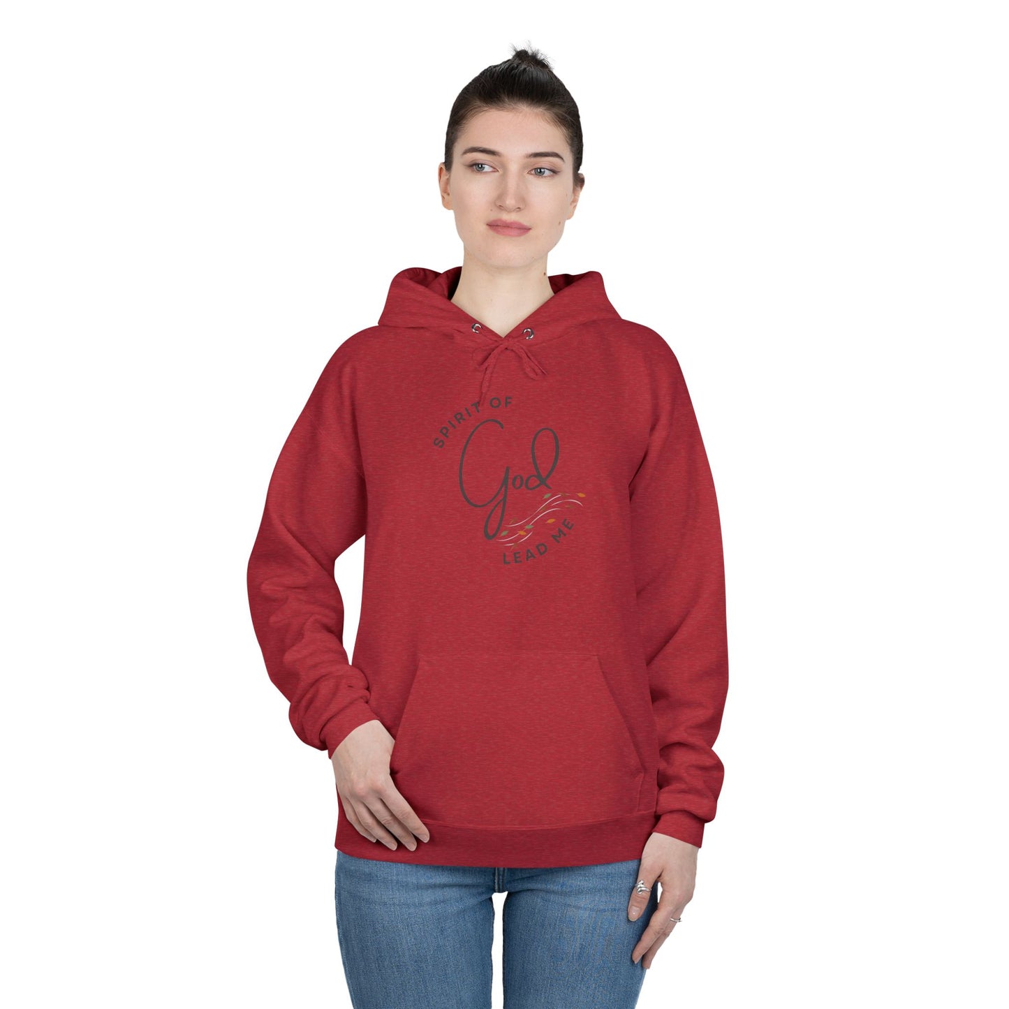 Red Spirit Lead Me hoodie with front pocket and drawstring hood worn by female model
