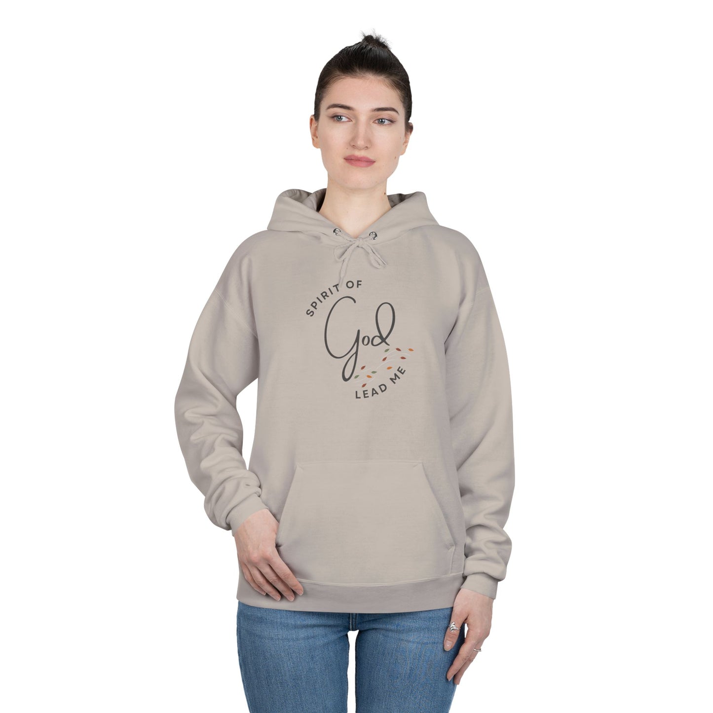 Woman wearing beige Spirit Lead Me hoodie with front pocket and drawstring hood by Logos Co.