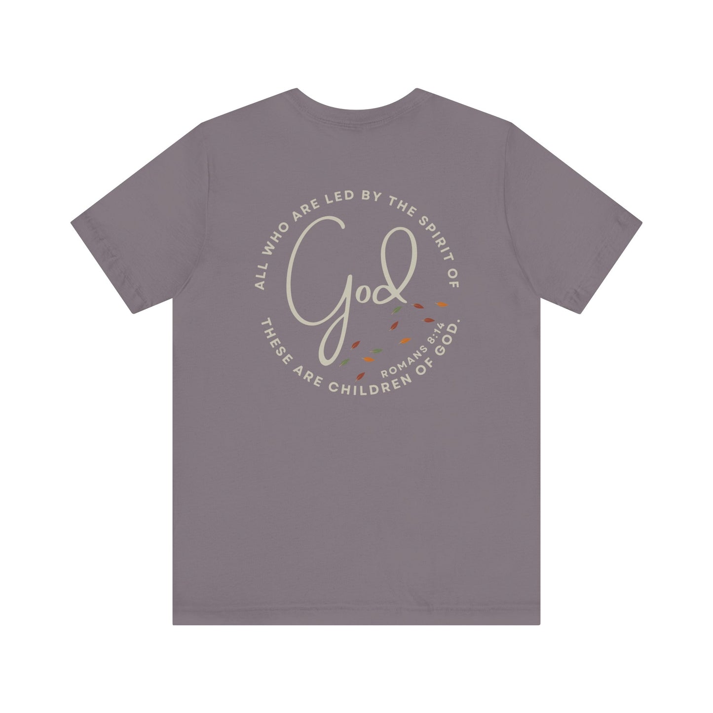 Logos Spirit Lead Me shirt with faith-inspired quote and autumn leaf design on the back in gray color